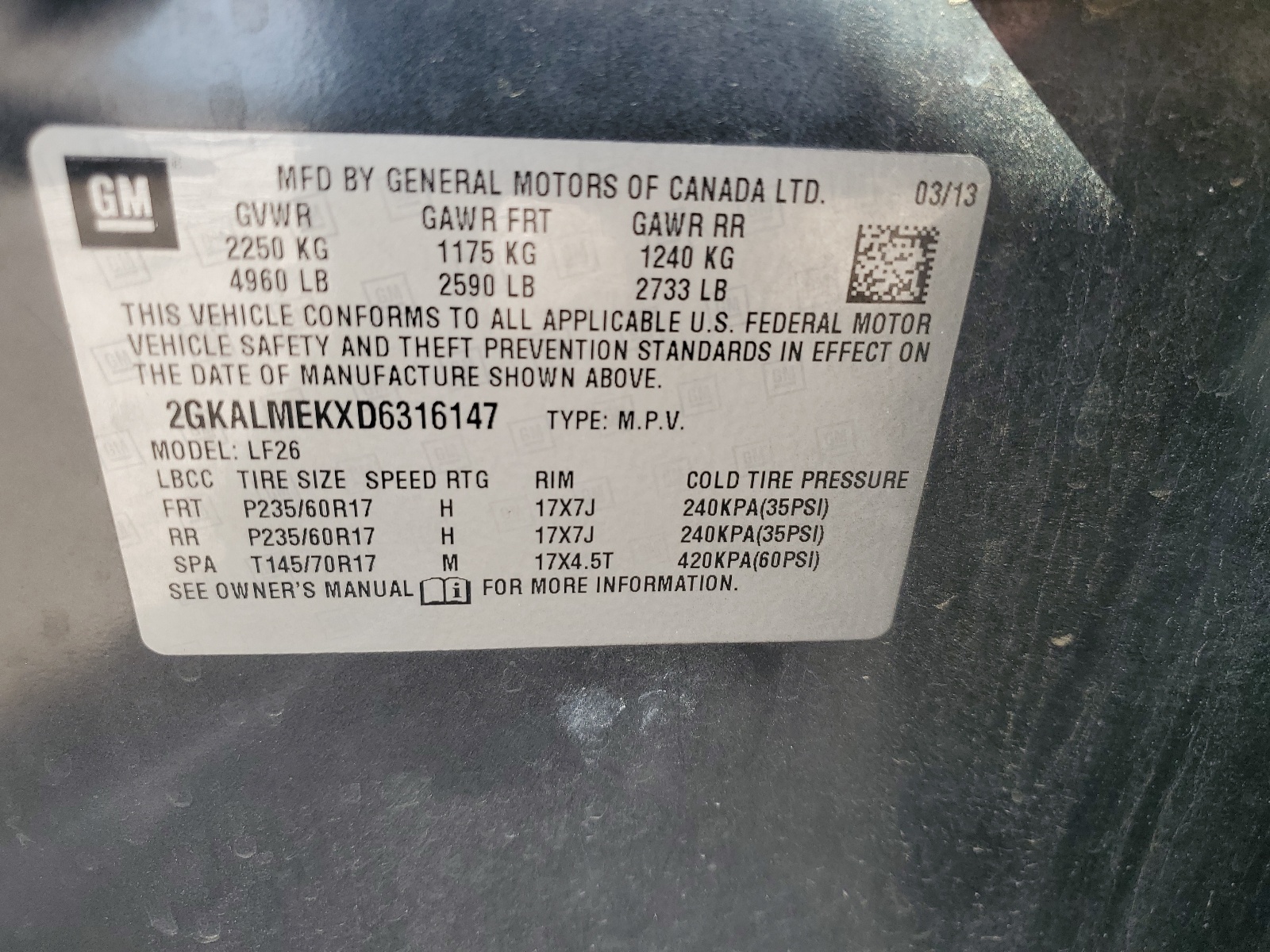 2GKALMEKXD6316147 2013 GMC Terrain Sle