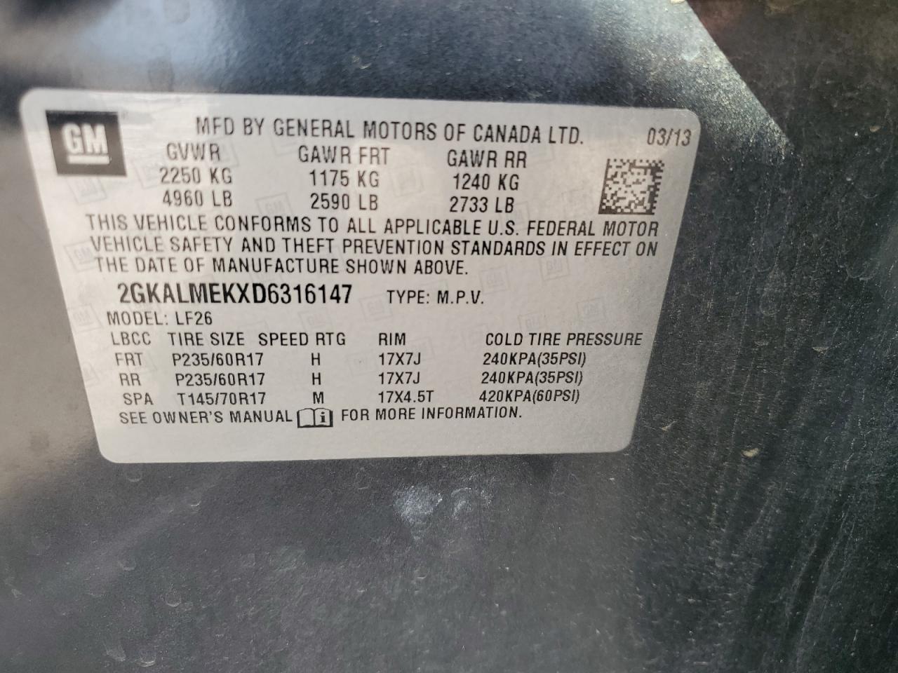 2013 GMC Terrain Sle VIN: 2GKALMEKXD6316147 Lot: 65069834