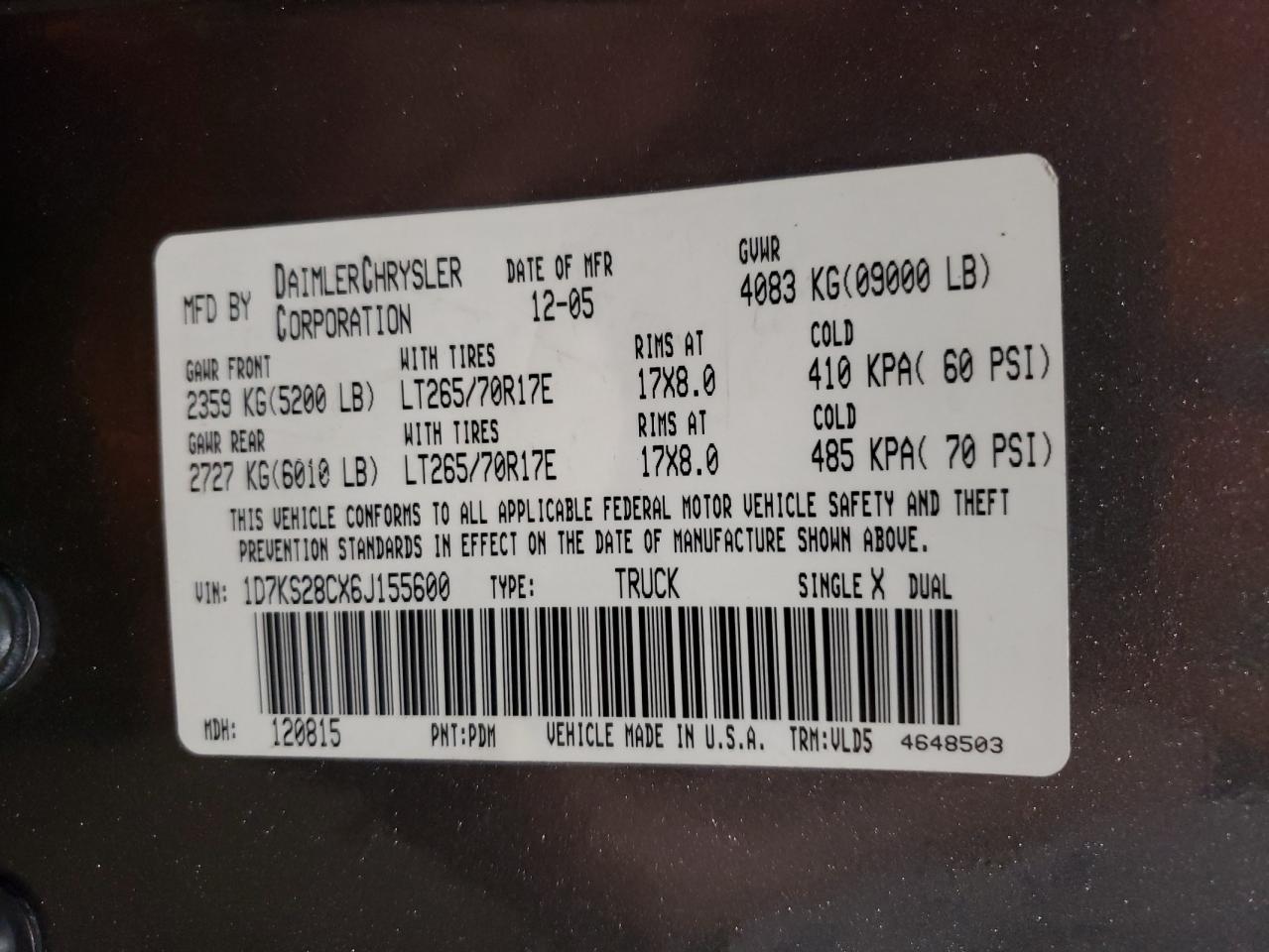 2006 Dodge Ram 2500 St VIN: 1D7KS28CX6J155600 Lot: 62193164