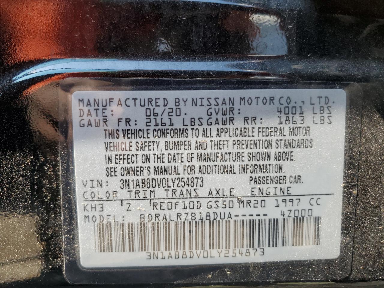 2020 Nissan Sentra Sr VIN: 3N1AB8DV0LY254873 Lot: 63428584