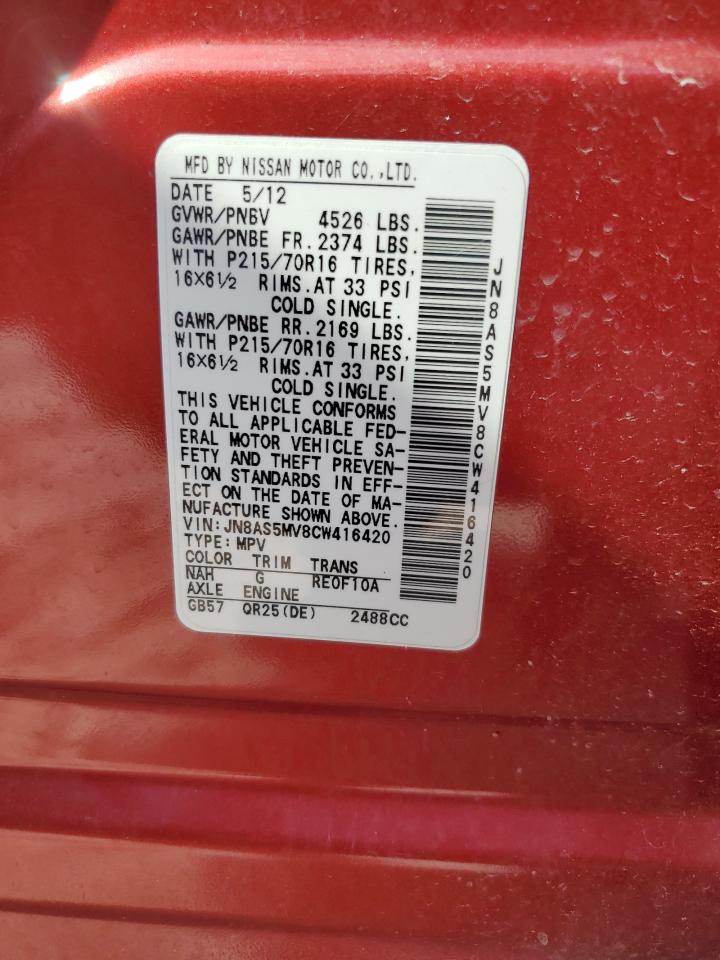 2012 Nissan Rogue S VIN: JN8AS5MV8CW416420 Lot: 64150684