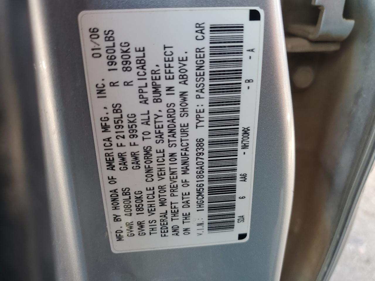 2006 Honda Accord Value VIN: 1HGCM56186A079386 Lot: 63538274