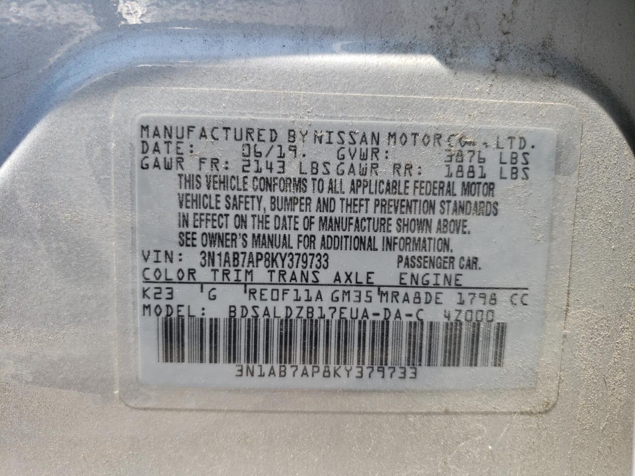 2019 Nissan Sentra S VIN: 3N1AB7AP8KY379733 Lot: 62079524