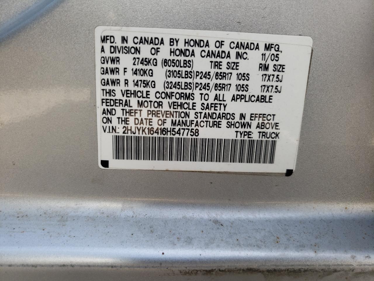 2006 Honda Ridgeline Rts VIN: 2HJYK16416H547758 Lot: 61884214