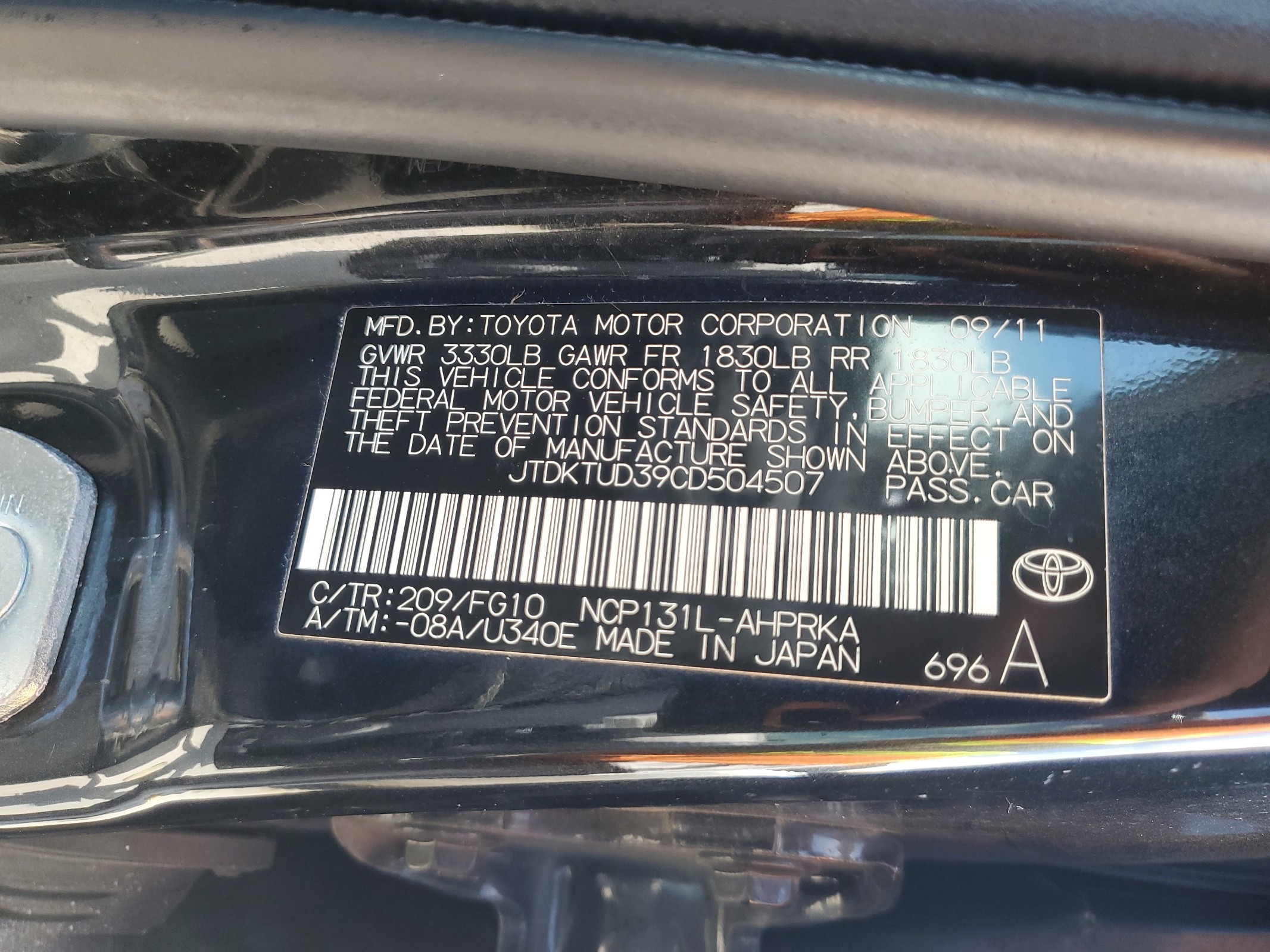 JTDKTUD39CD504507 2012 Toyota Yaris