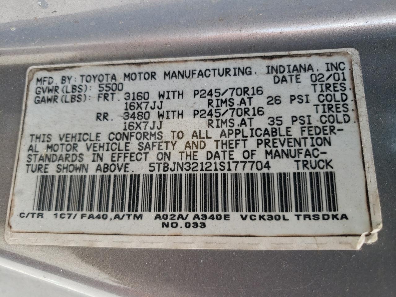 2001 Toyota Tundra VIN: 5TBJN32121S177704 Lot: 64164844