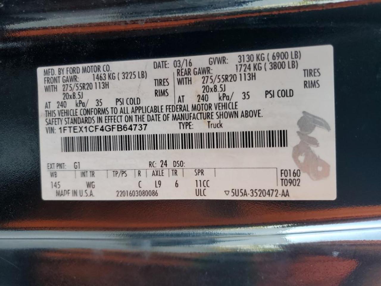 2016 Ford F150 Super Cab VIN: 1FTEX1CF4GFB64737 Lot: 64233874