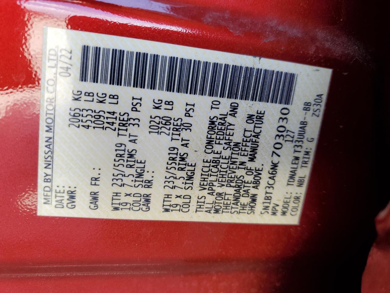 2022 Nissan Rogue Sl VIN: 5N1BT3CA6NC703030 Lot: 61715614