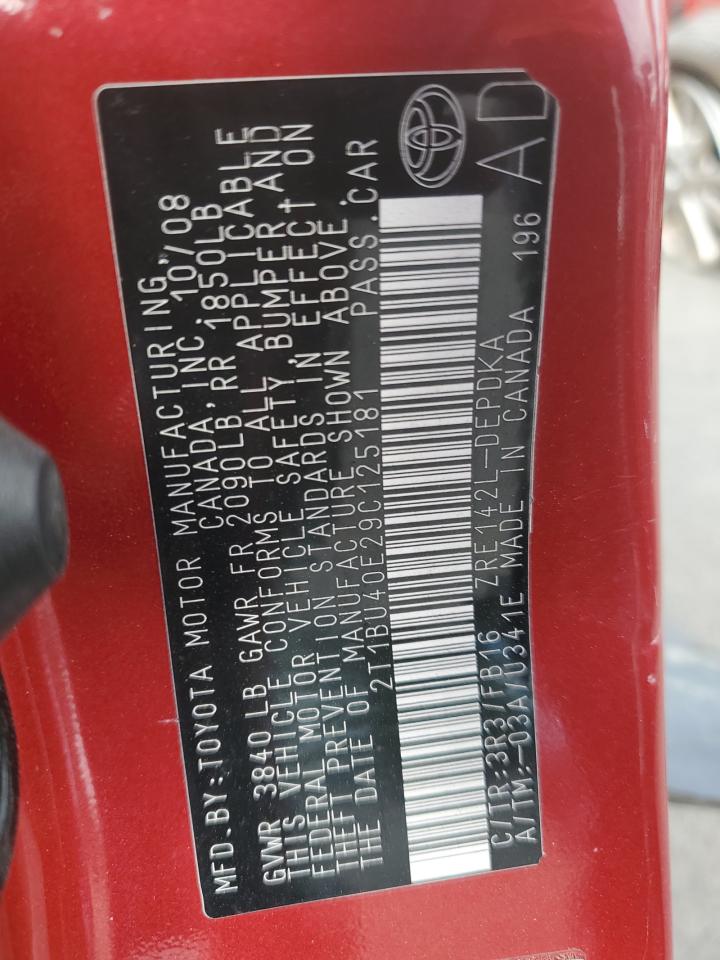 2009 Toyota Corolla Base VIN: 2T1BU40E29C125181 Lot: 64939804