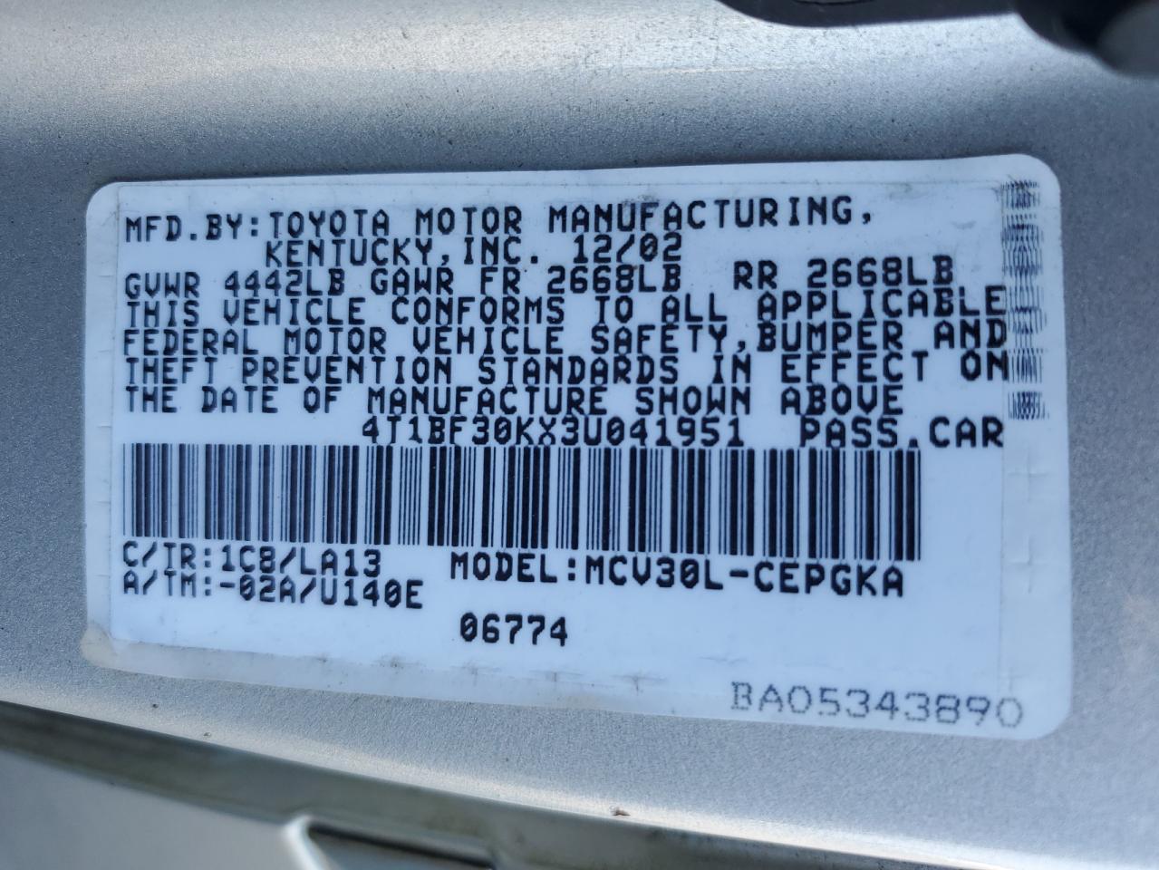 2003 Toyota Camry Le VIN: 4T1BF30KX3U041951 Lot: 61826224