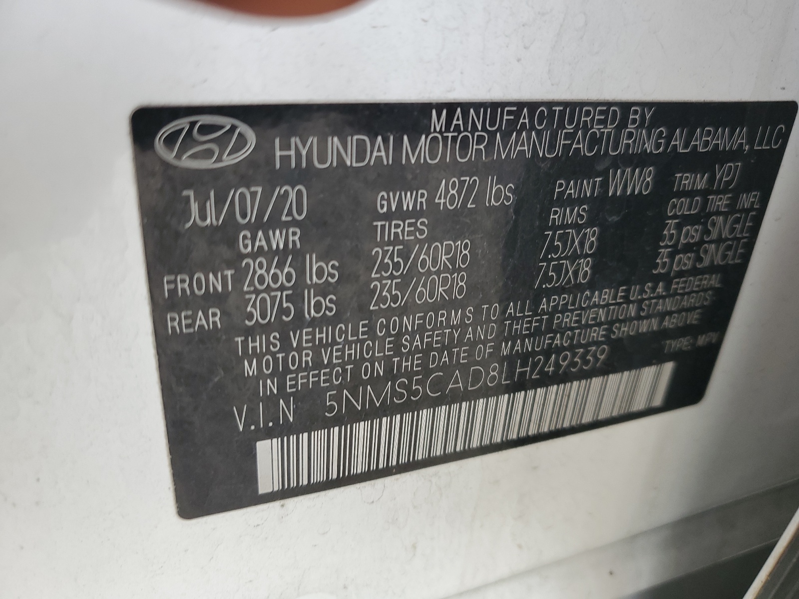 5NMS5CAD8LH249339 2020 Hyundai Santa Fe Limited