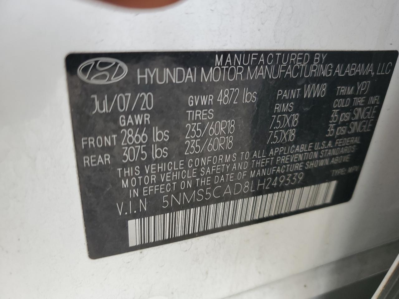 2020 Hyundai Santa Fe Limited VIN: 5NMS5CAD8LH249339 Lot: 61937794