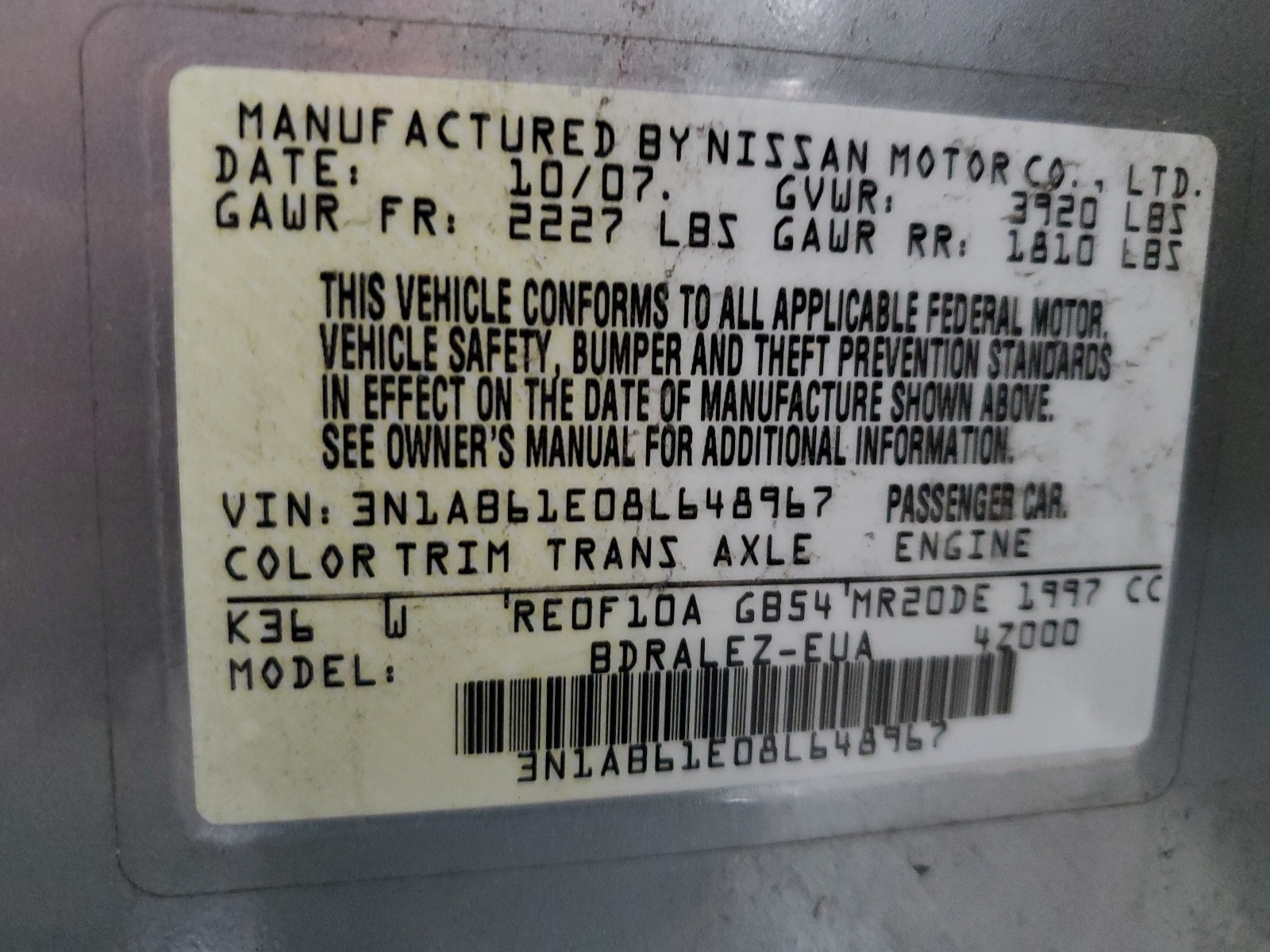 3N1AB61E08L648967 2008 Nissan Sentra 2.0