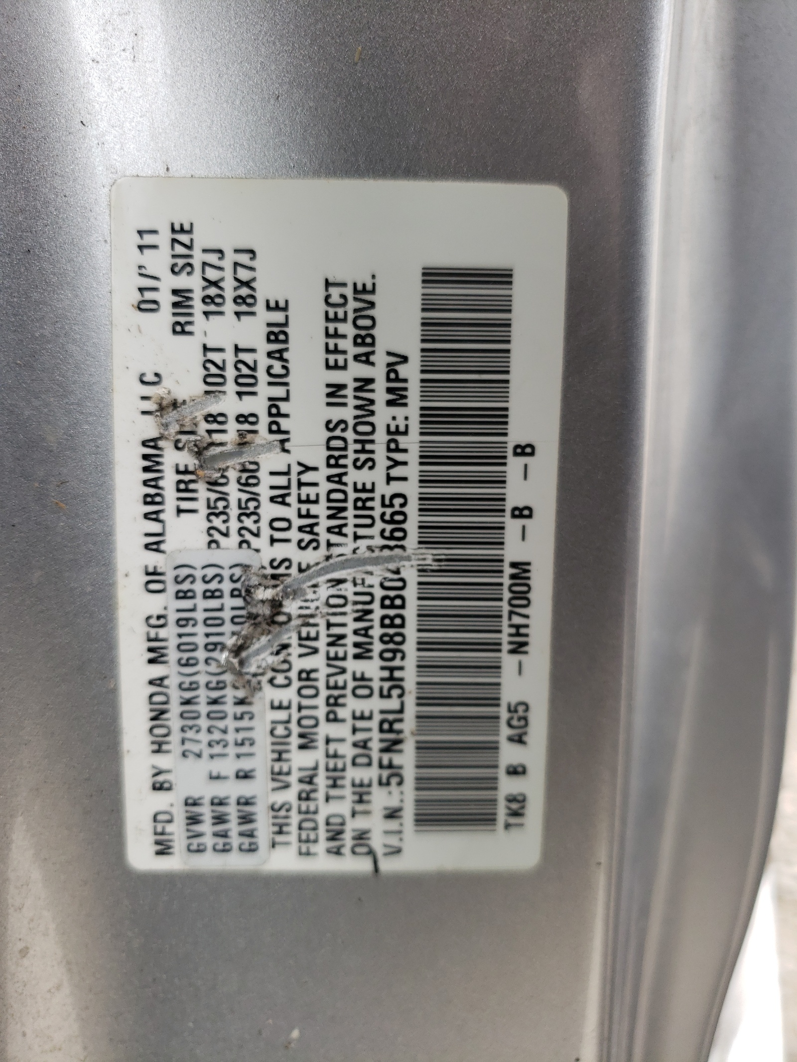 5FNRL5H98BB043665 2011 Honda Odyssey Touring