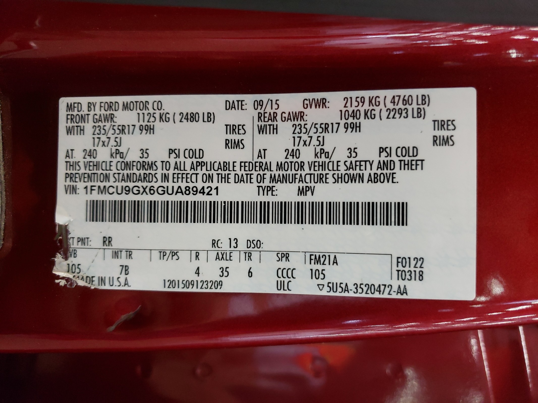 1FMCU9GX6GUA89421 2016 Ford Escape Se