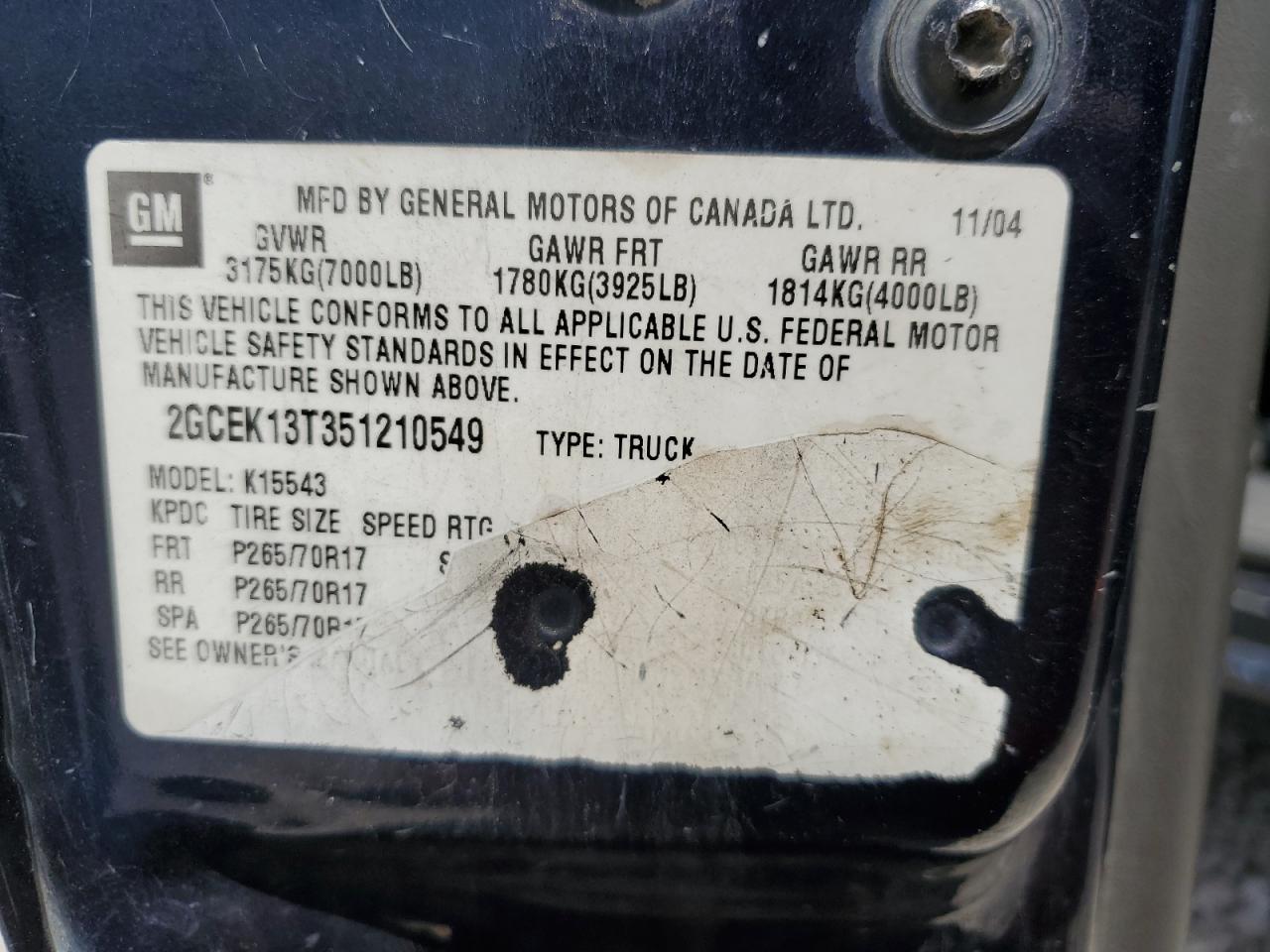 2GCEK13T351210549 2005 Chevrolet Silverado K1500