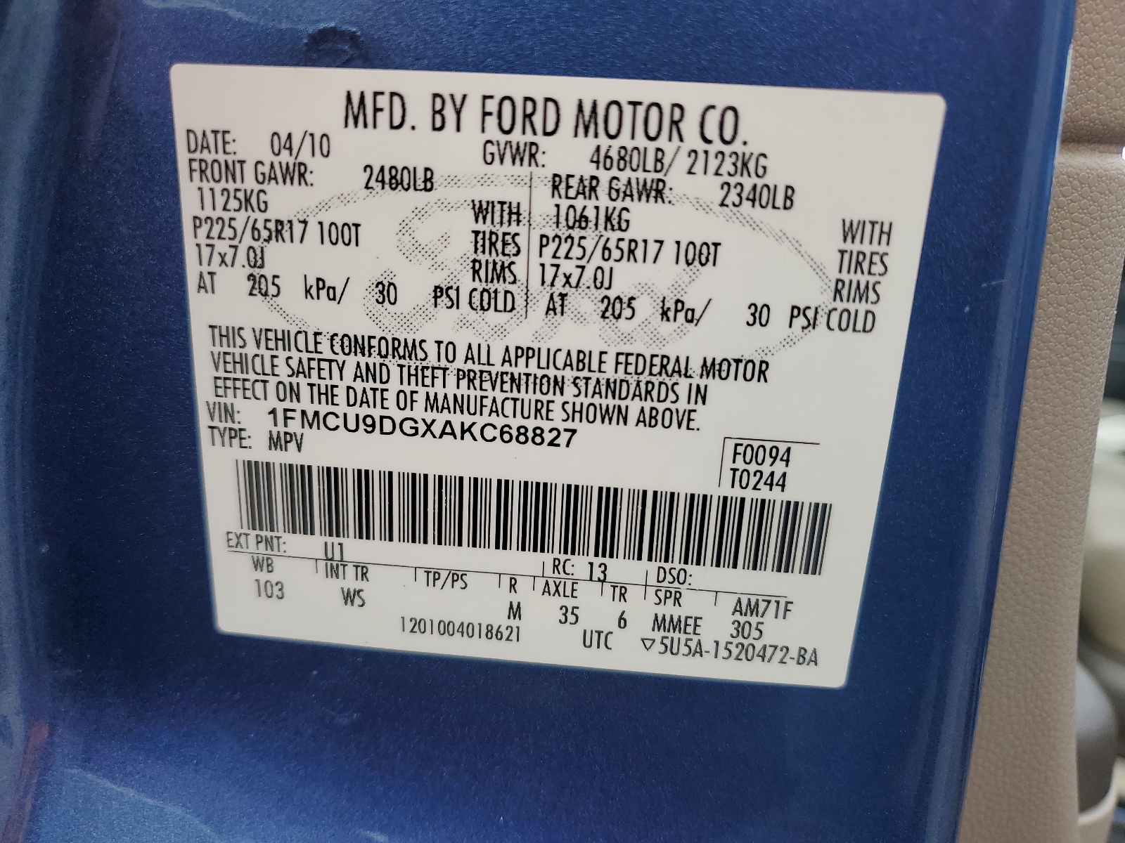 1FMCU9DGXAKC68827 2010 Ford Escape Xlt