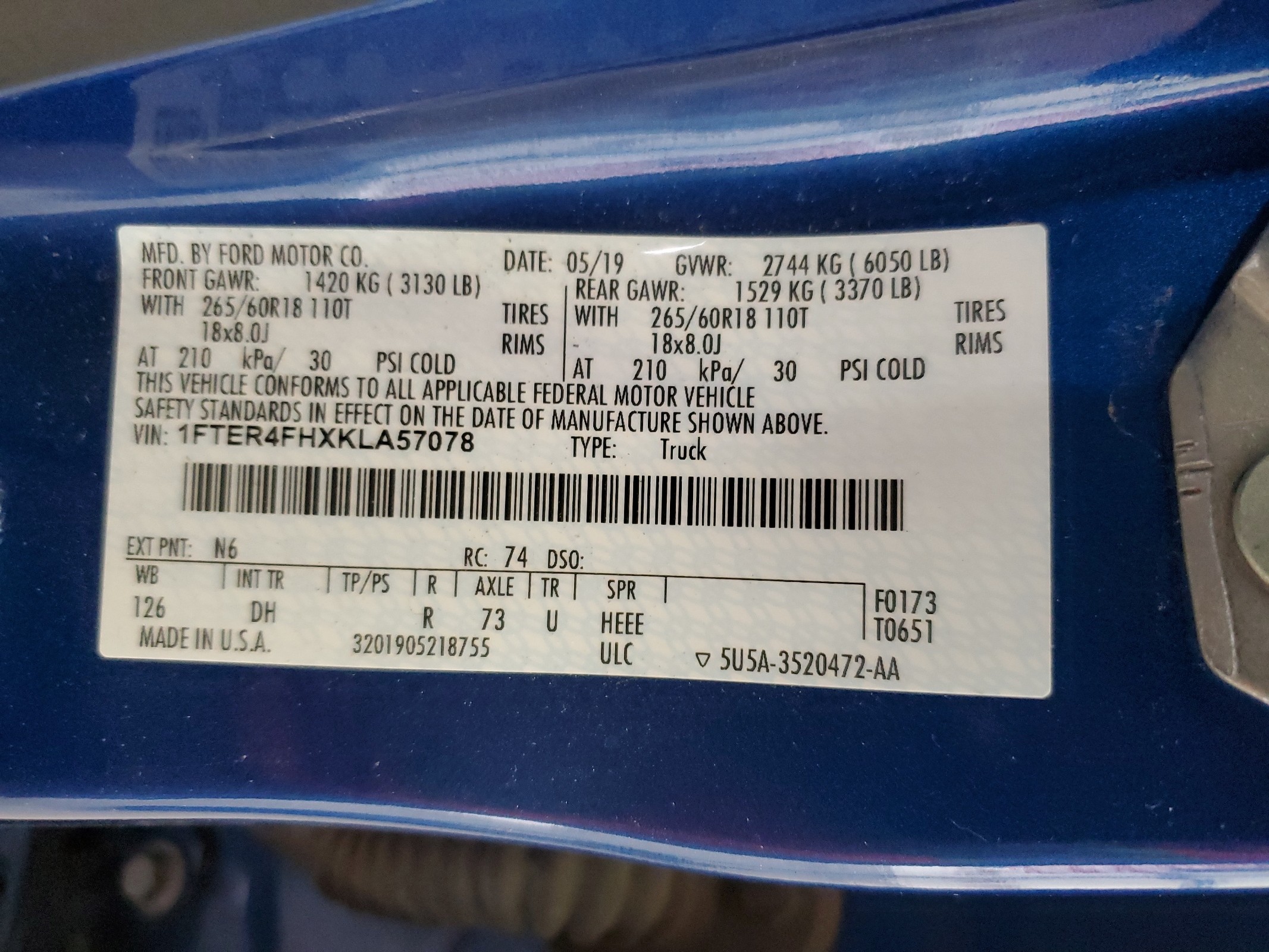 1FTER4FHXKLA57078 2019 Ford Ranger Xl