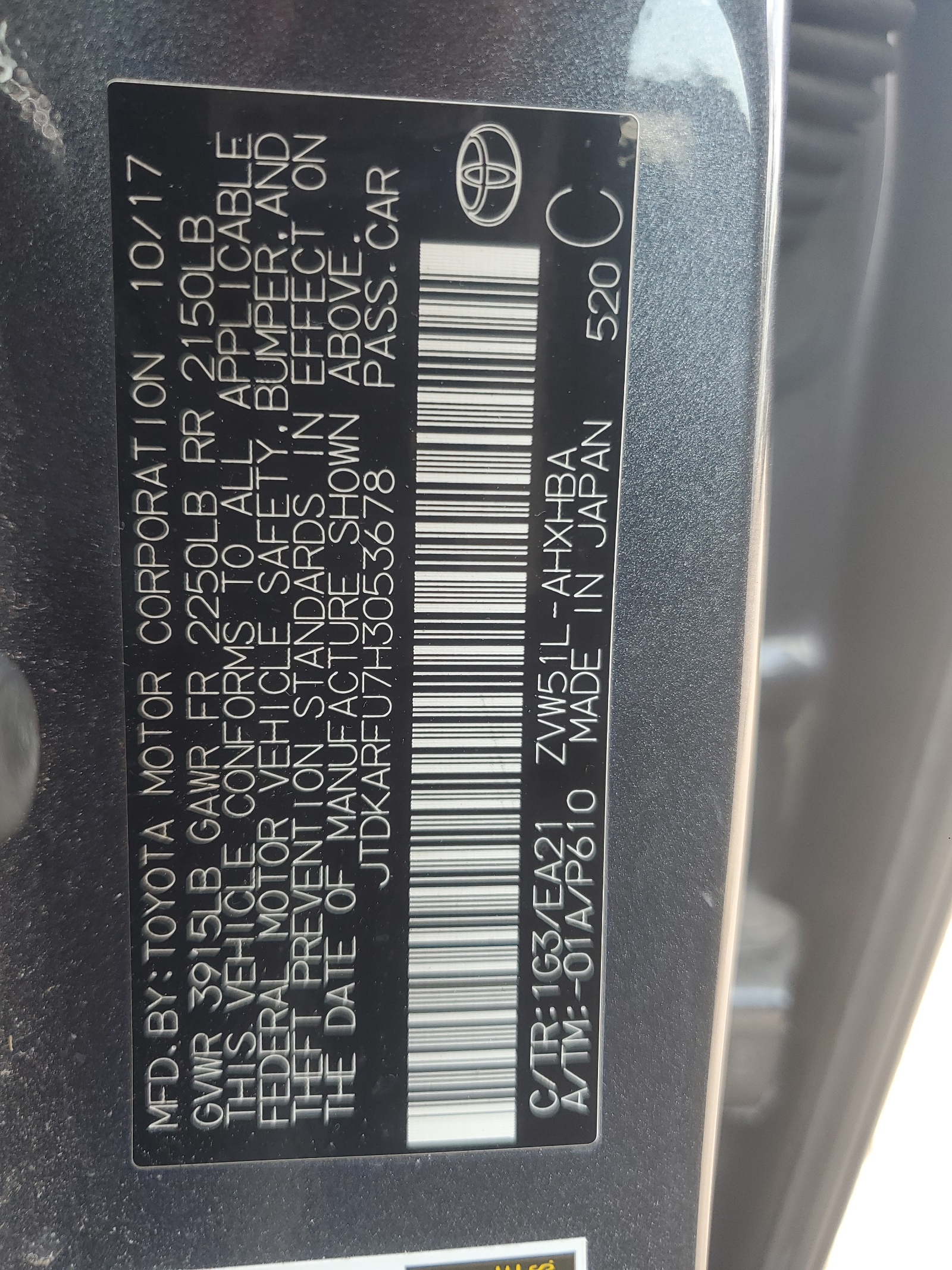 JTDKARFU7H3053678 2017 Toyota Prius