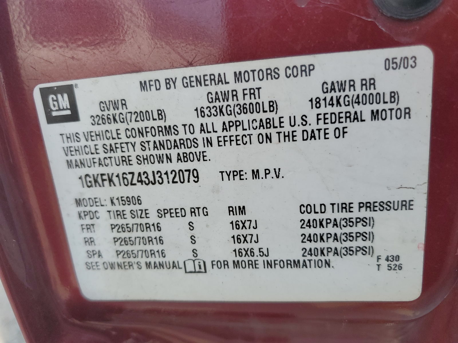 1GKFK16Z43J312079 2003 GMC Yukon Xl K1500