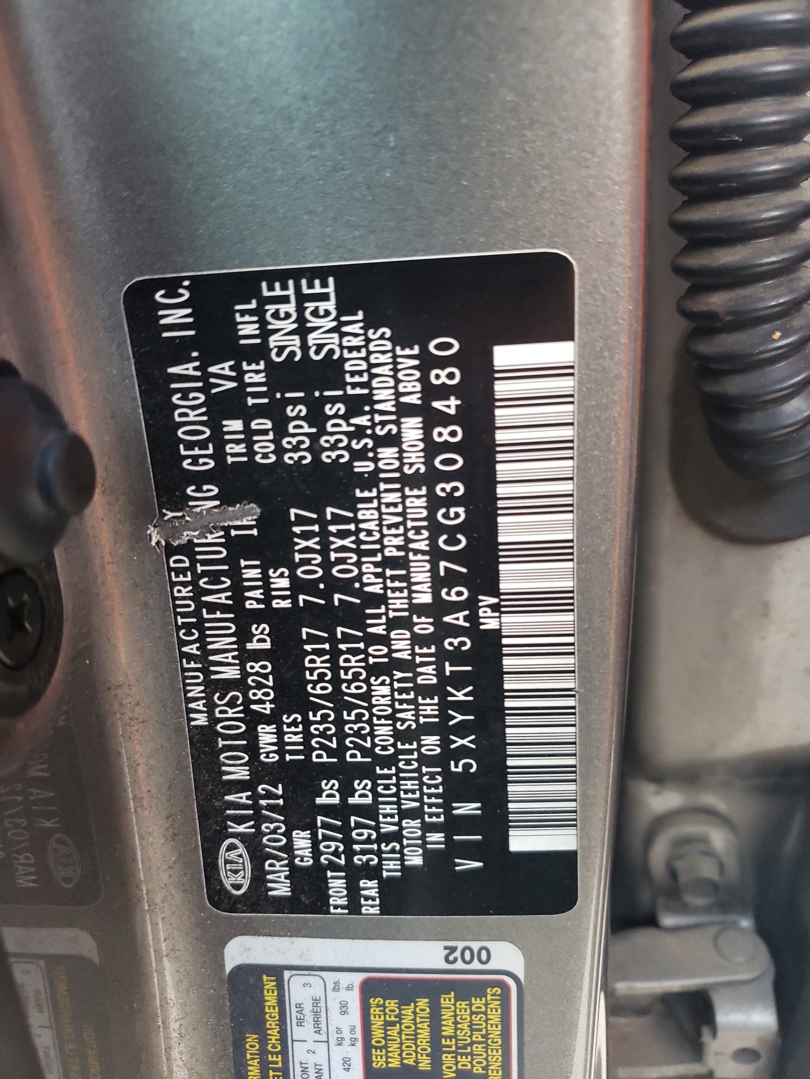 5XYKT3A67CG308480 2012 Kia Sorento Base