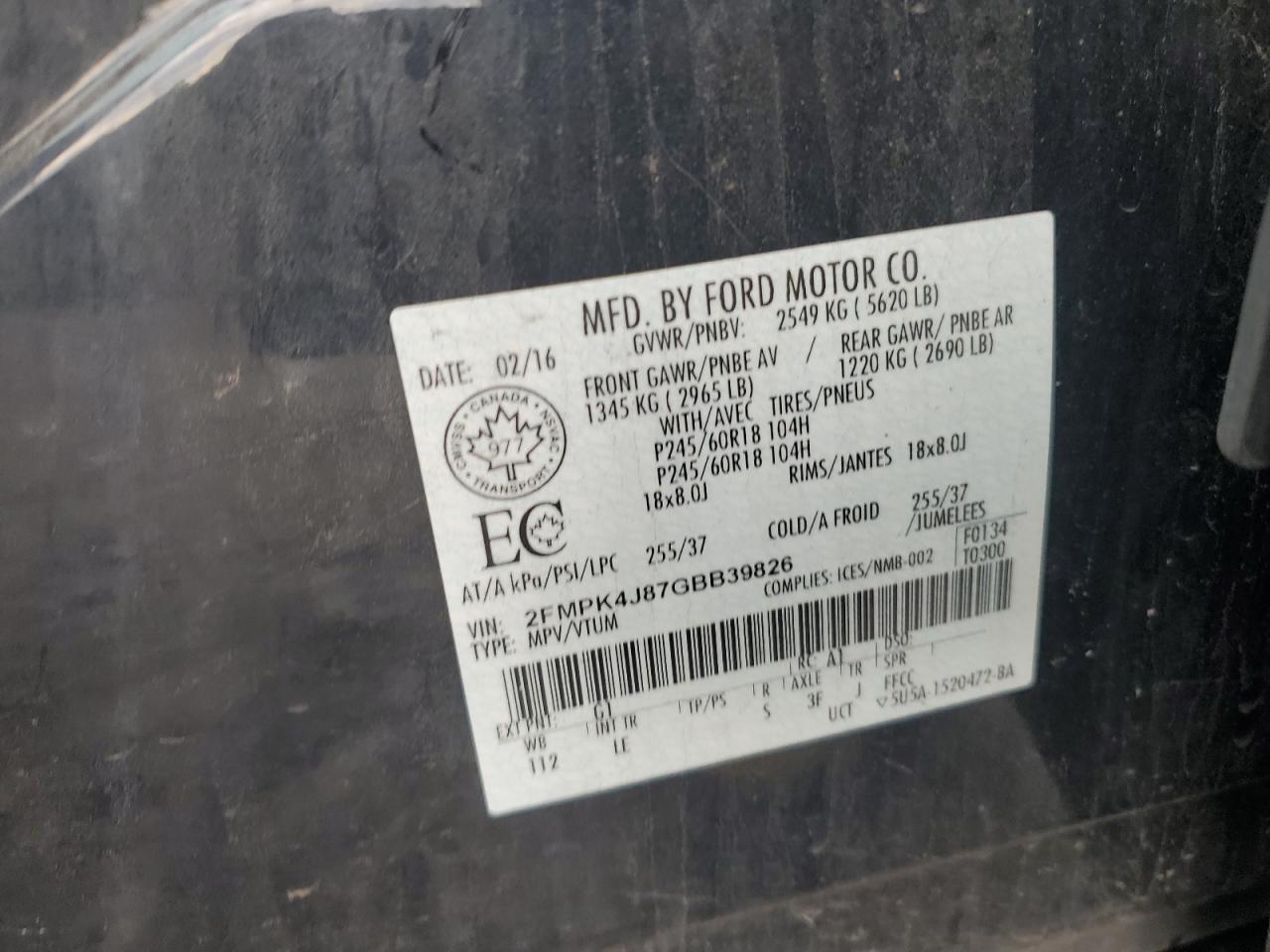 2016 Ford Edge Sel VIN: 2FMPK4J87GBB39826 Lot: 63515704