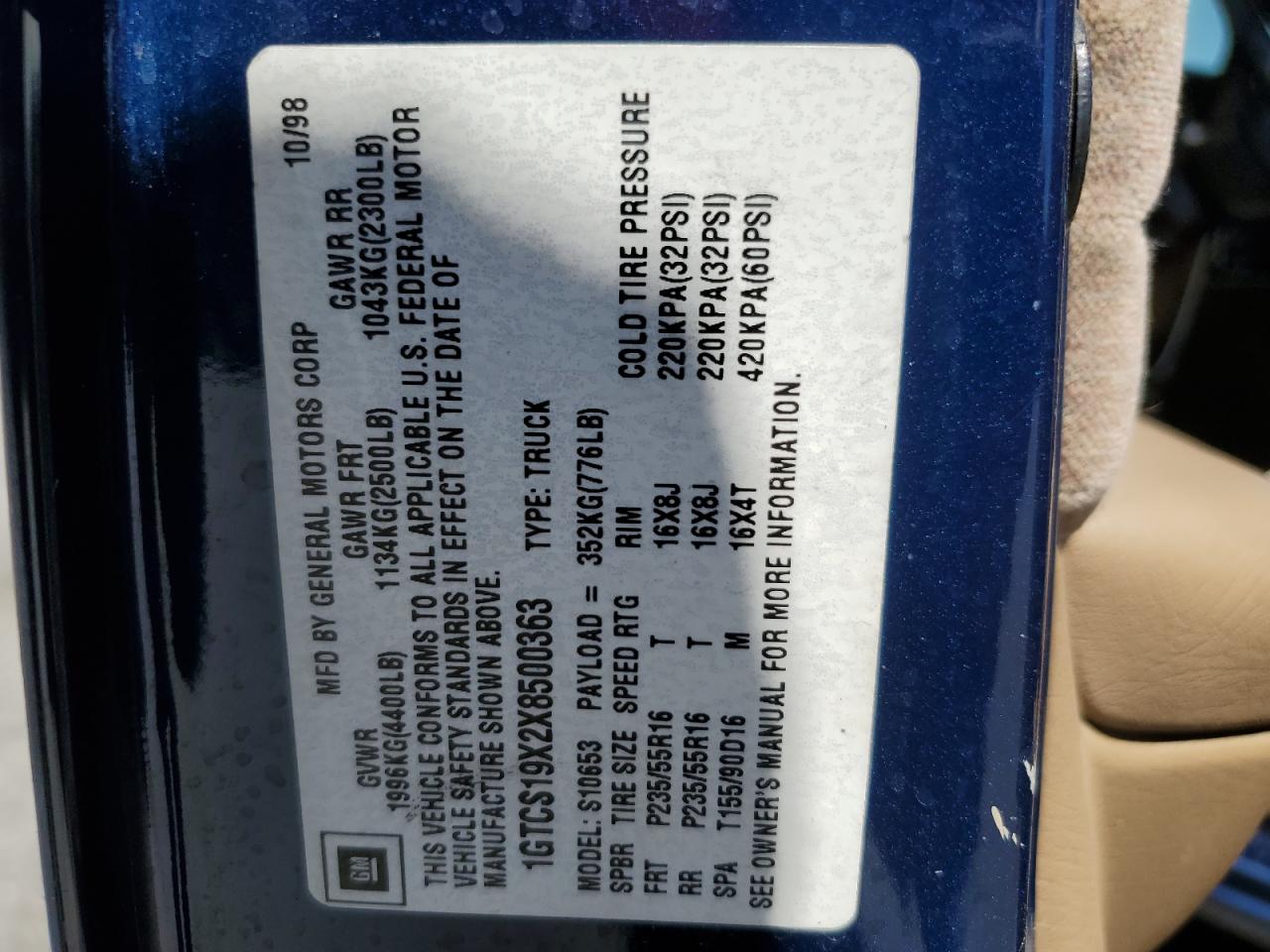 1999 GMC Sonoma VIN: 1GTCS19X2X8500363 Lot: 65259154