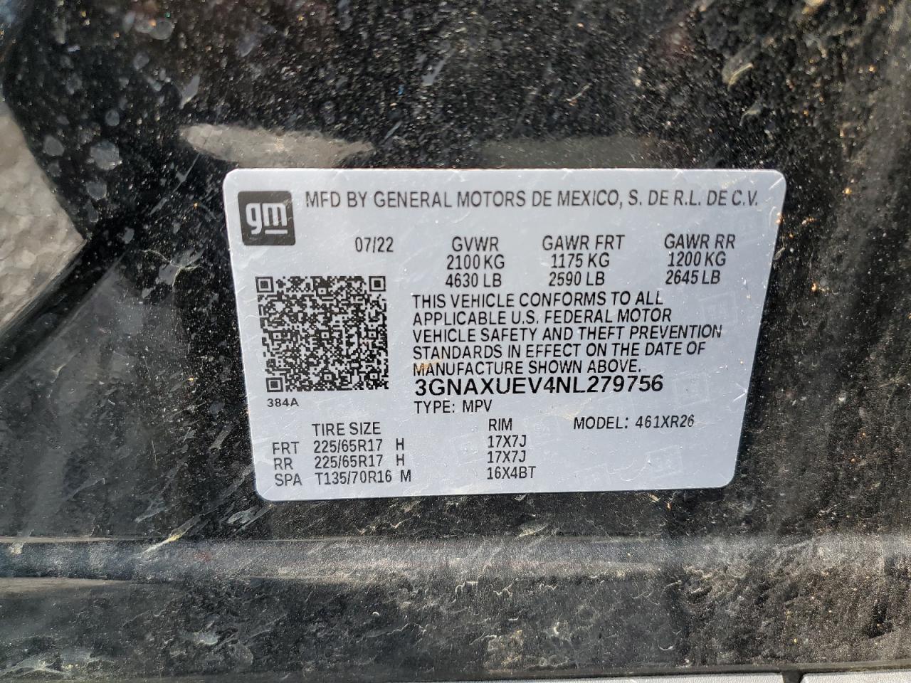 2022 Chevrolet Equinox Lt VIN: 3GNAXUEV4NL279756 Lot: 63965694