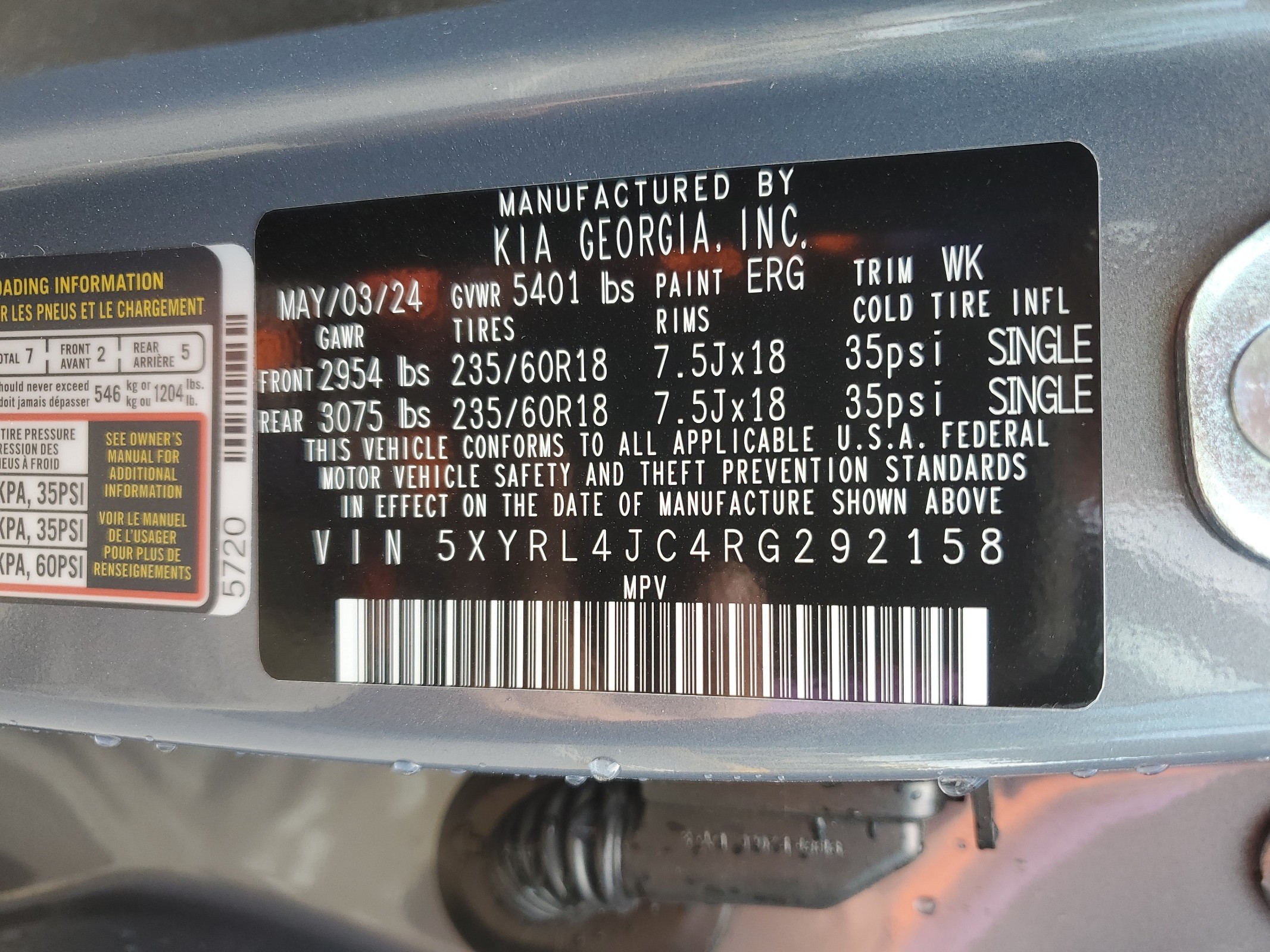 5XYRL4JC4RG292158 2024 Kia Sorento S