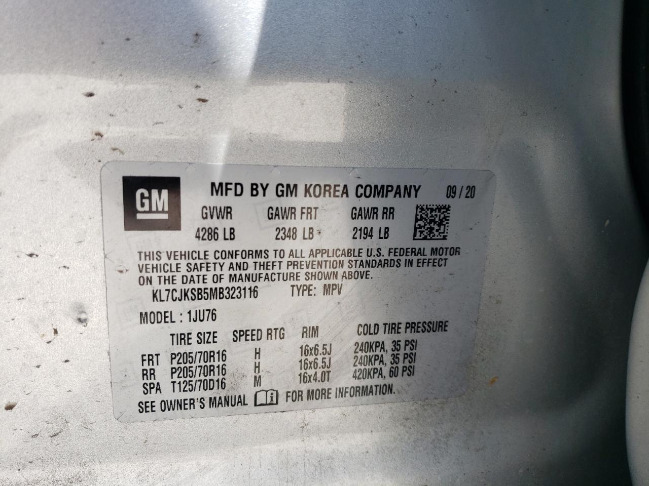 2021 Chevrolet Trax Ls VIN: KL7CJKSB5MB323116 Lot: 60961394