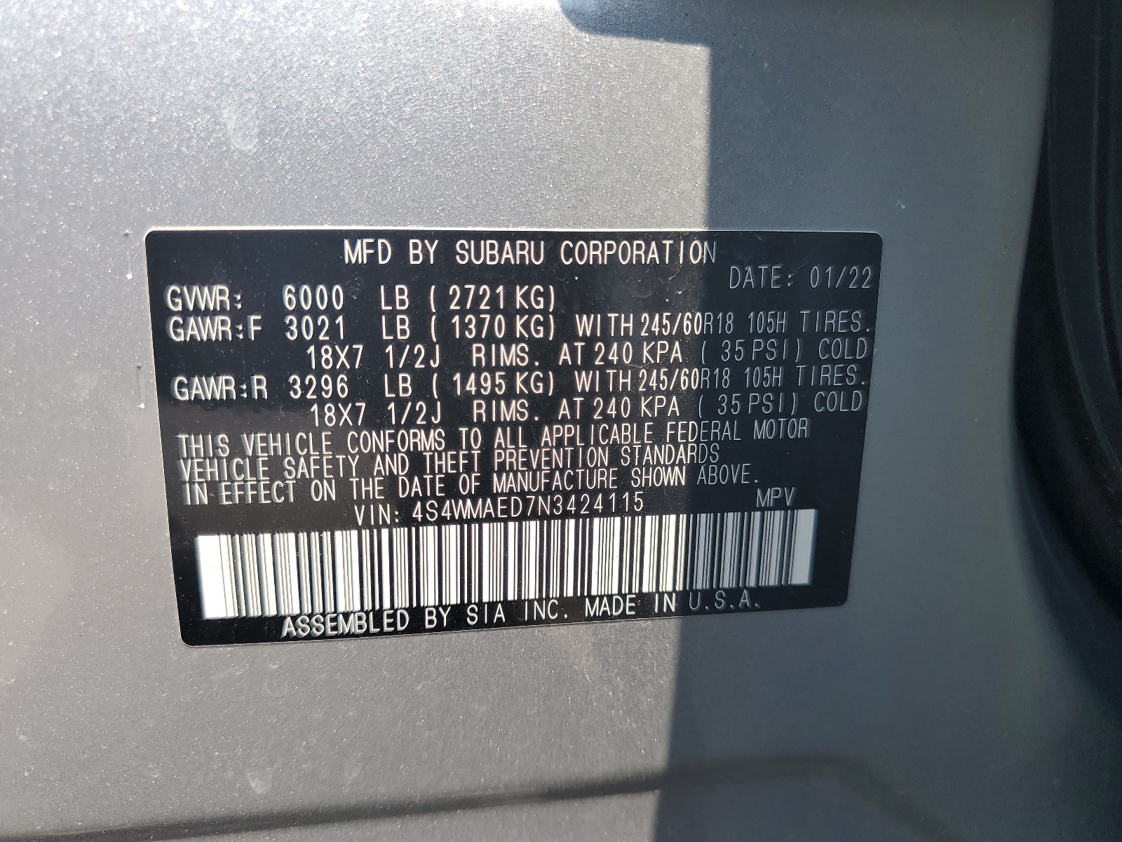 4S4WMAED7N3424115 2022 Subaru Ascent Premium