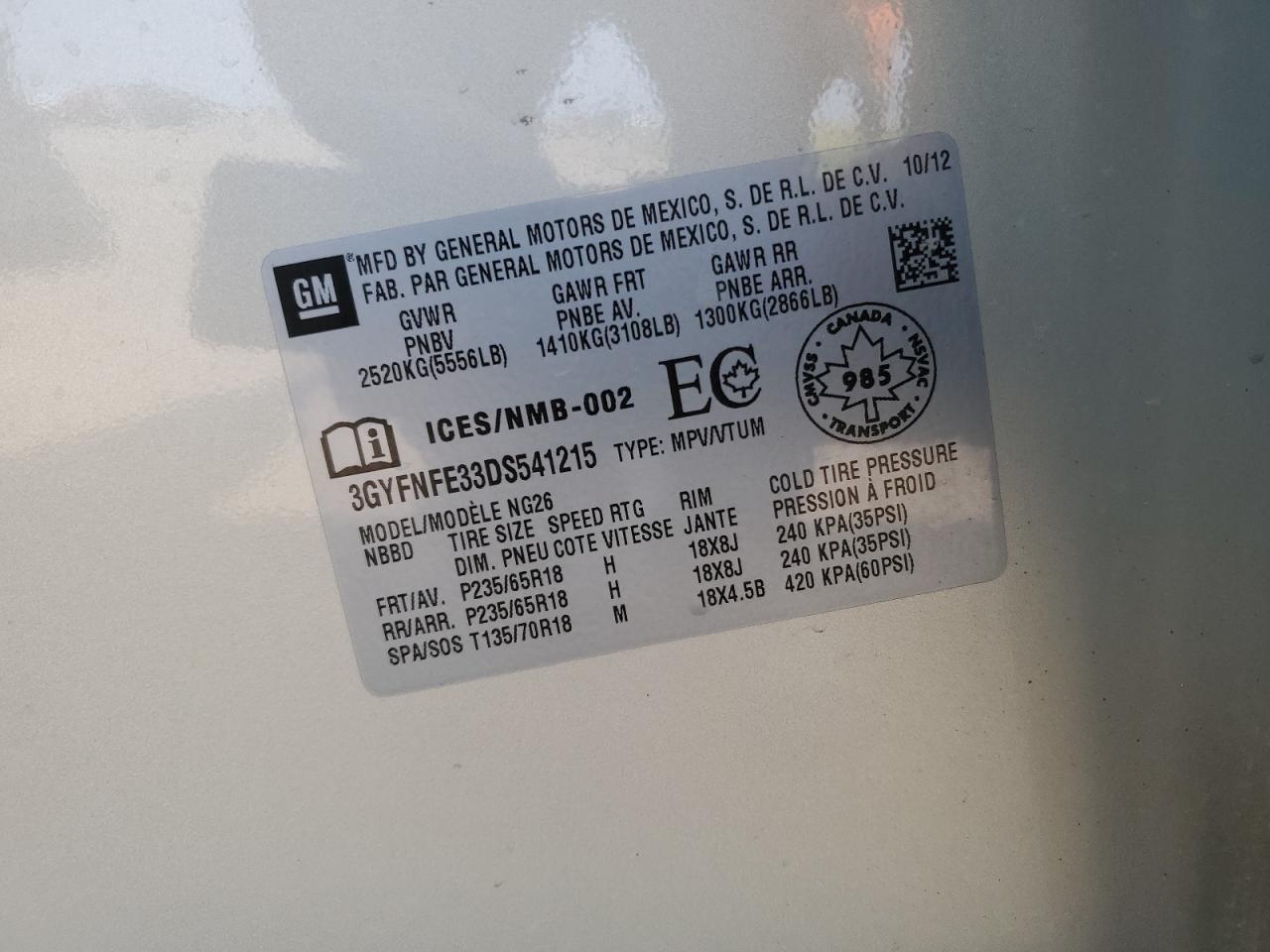 2013 Cadillac Srx VIN: 3GYFNFE33DS541215 Lot: 88063565