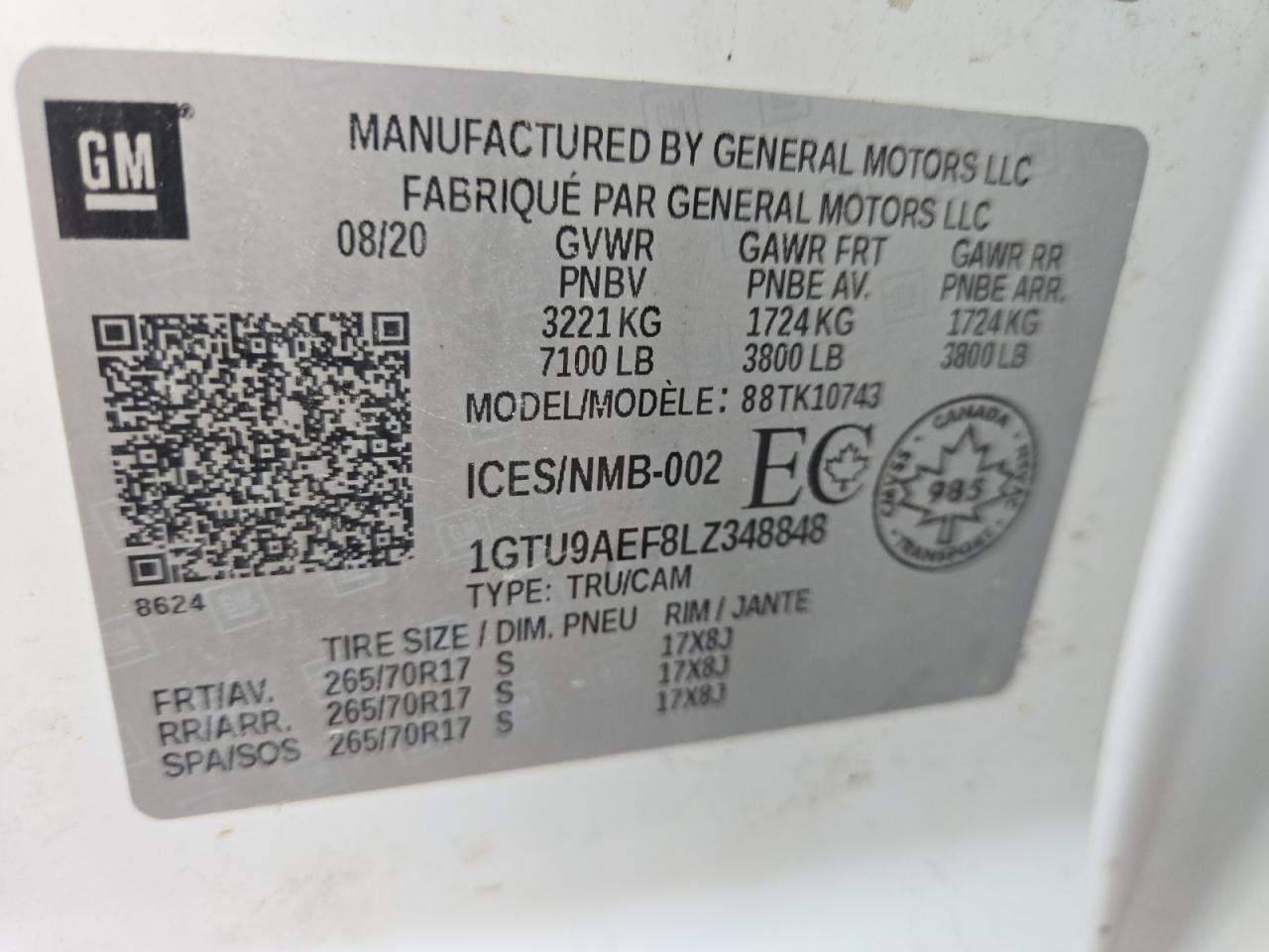 2020 GMC Sierra K1500 VIN: 1GTU9AEF8LZ348848 Lot: 61893224