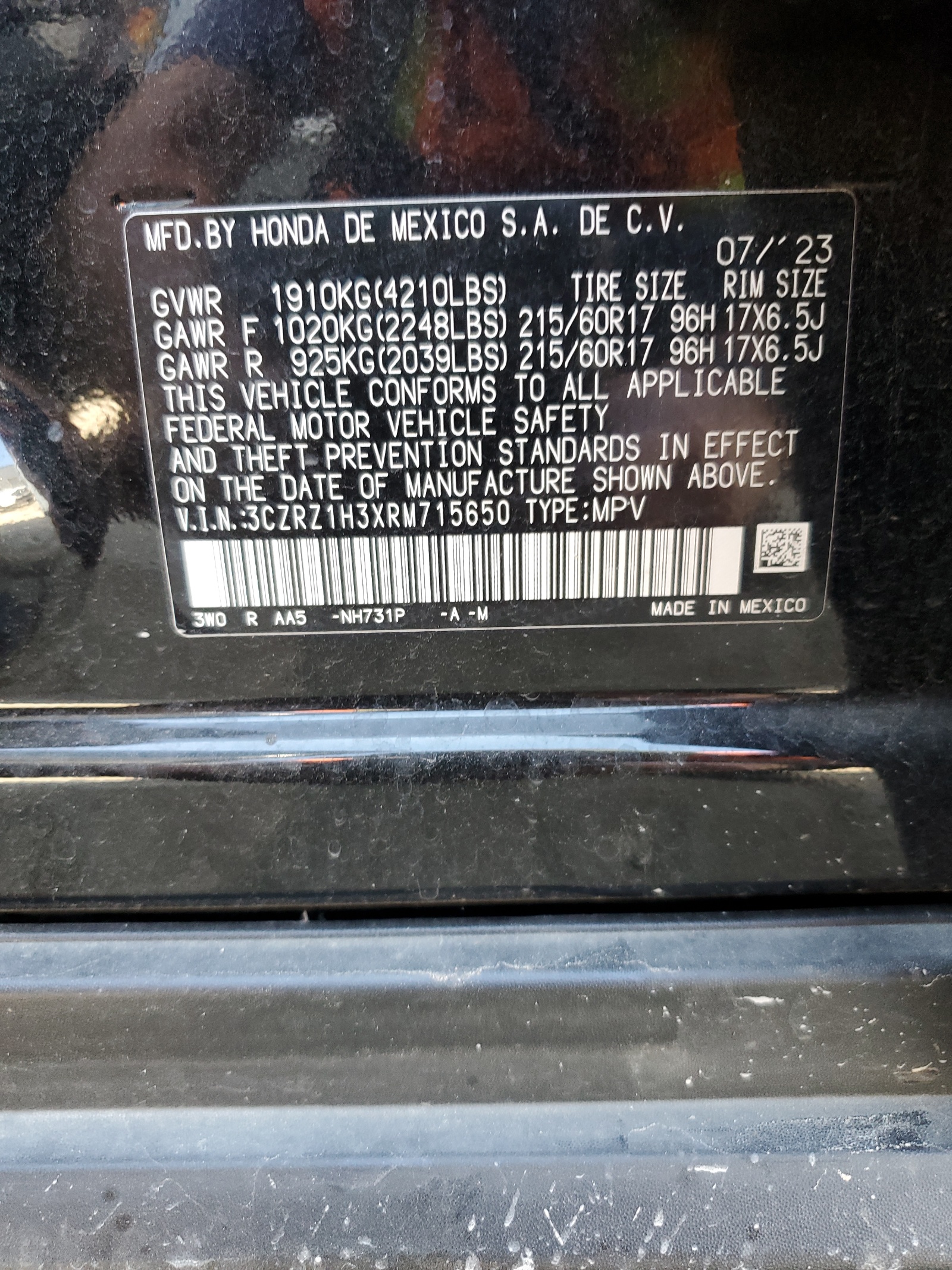 3CZRZ1H3XRM715650 2024 Honda Hr-V Lx