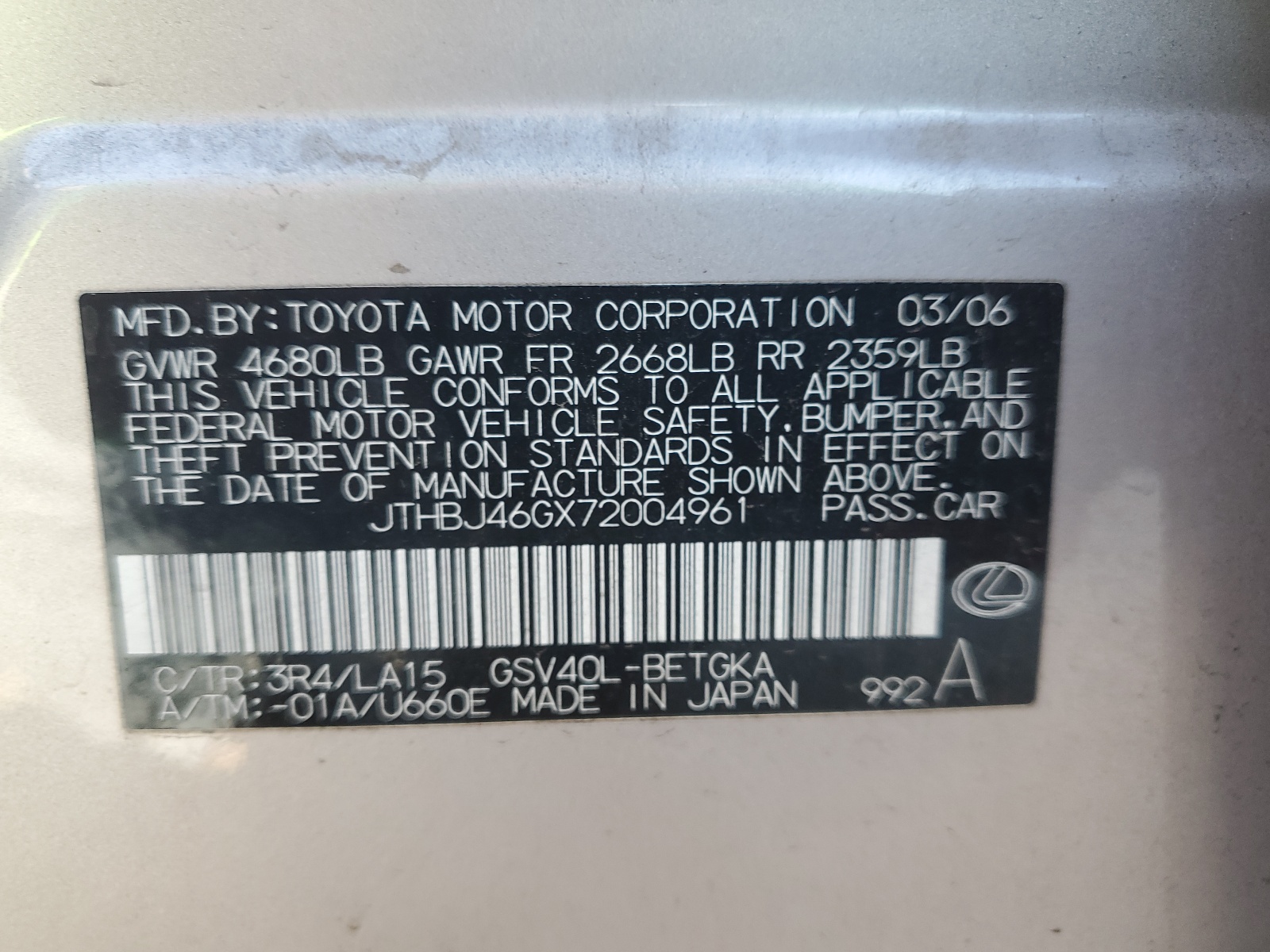 JTHBJ46GX72004961 2007 Lexus Es 350