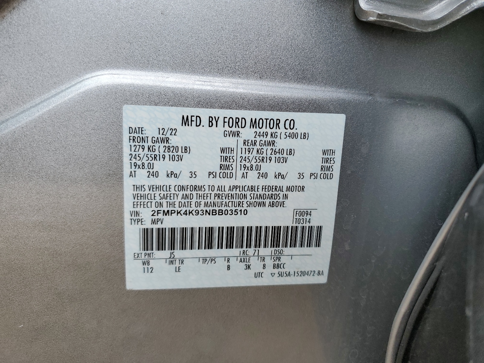 2FMPK4K93NBB03510 2022 Ford Edge Titanium