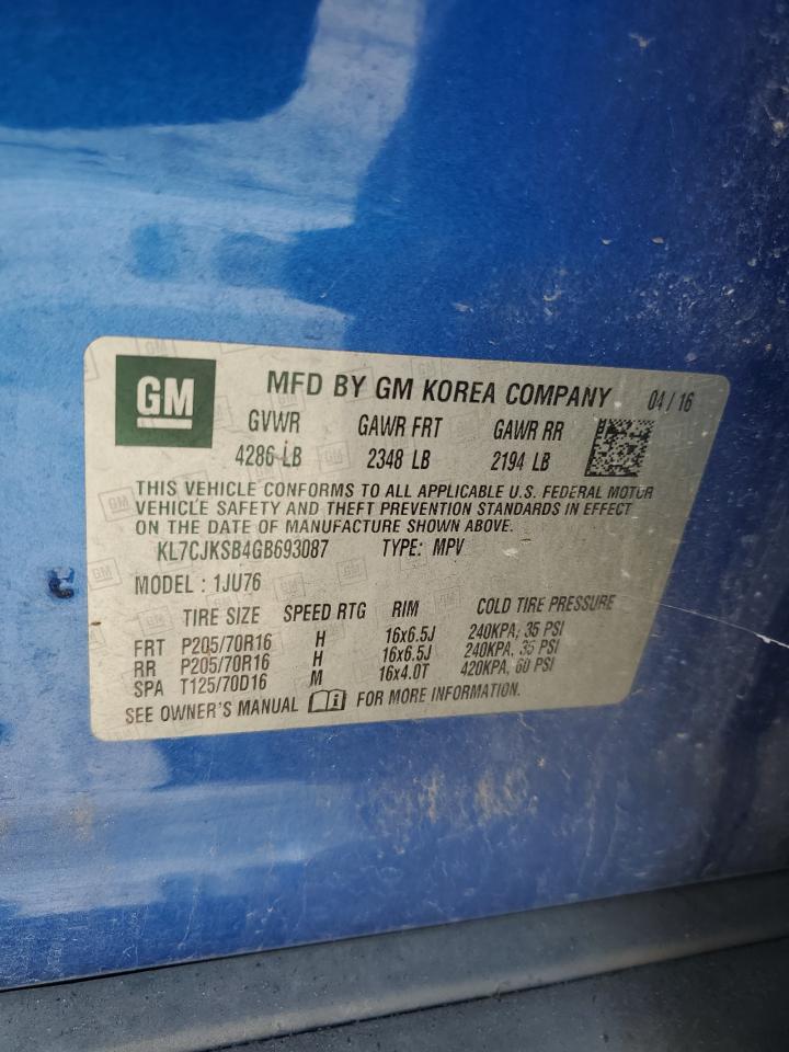 2016 Chevrolet Trax Ls VIN: KL7CJKSB4GB693087 Lot: 63032114