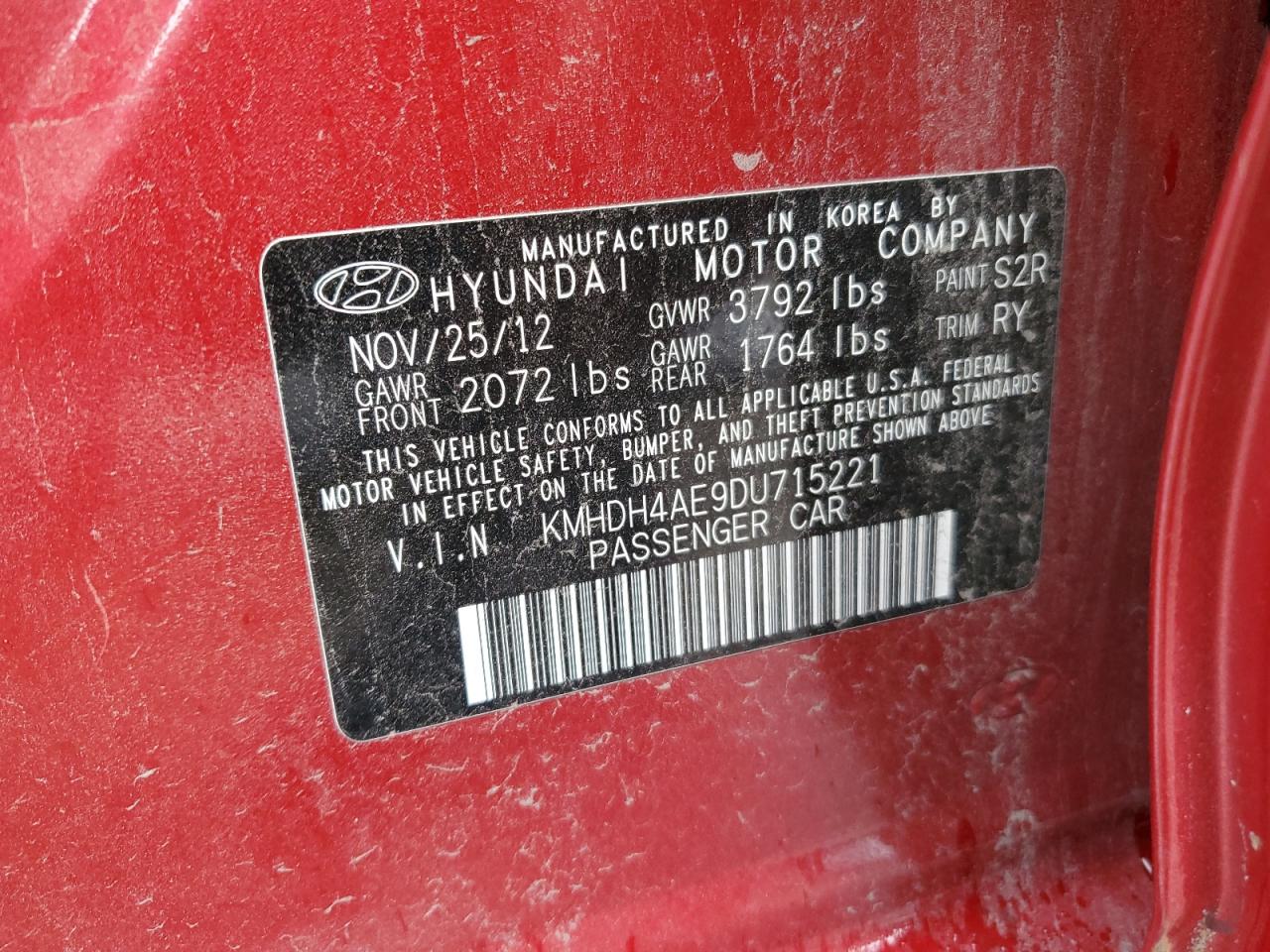 2013 Hyundai Elantra Gls VIN: KMHDH4AE9DU715221 Lot: 65113384