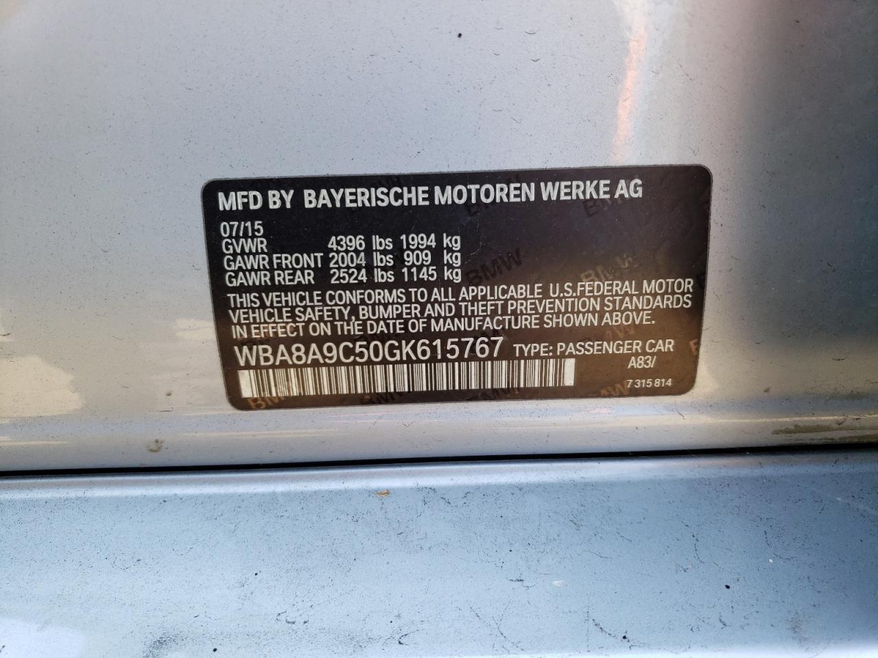 2016 BMW 320 I VIN: WBA8A9C50GK615767 Lot: 64504004