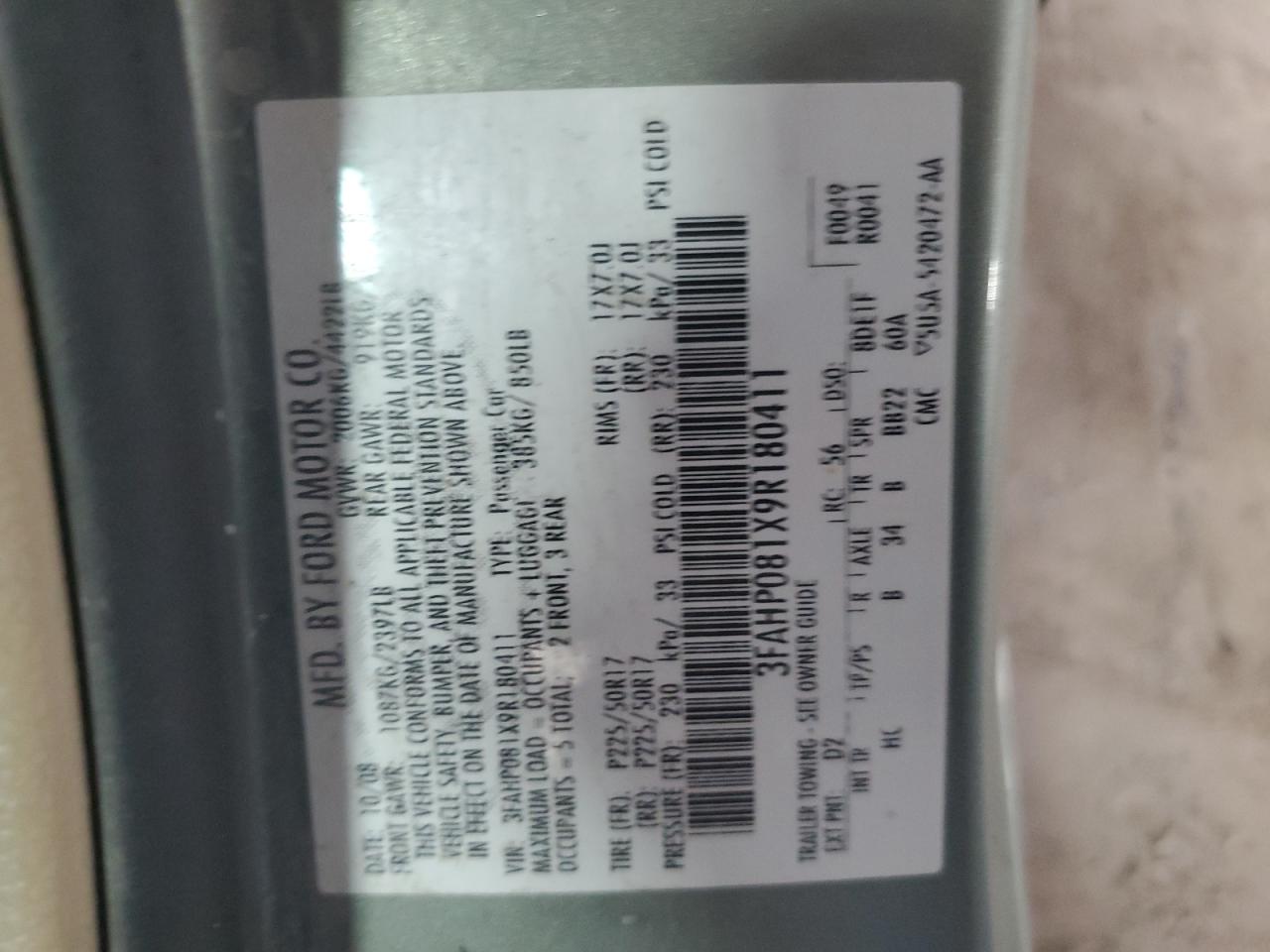 2009 Ford Fusion Sel VIN: 3FAHP081X9R180411 Lot: 62837264