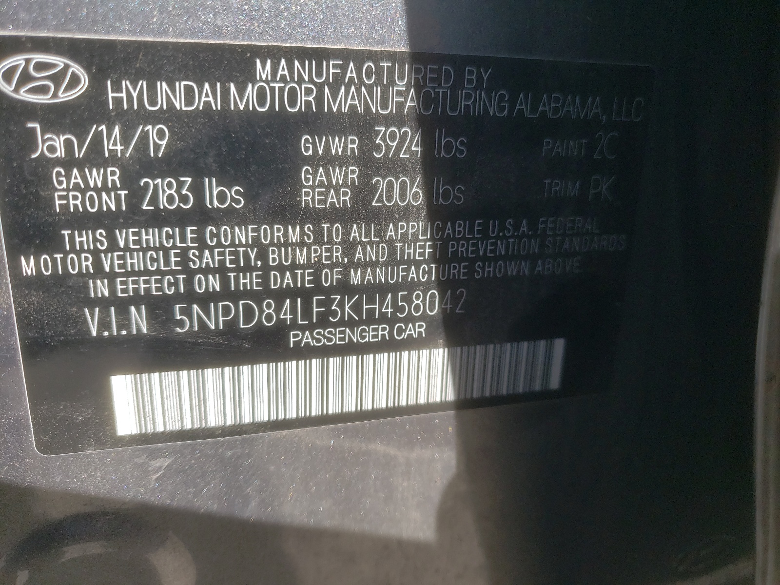 5NPD84LF3KH458042 2019 Hyundai Elantra Sel