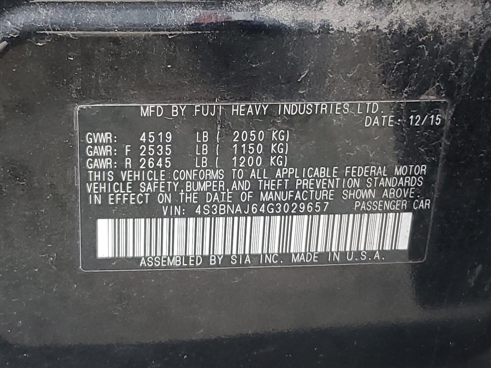 4S3BNAJ64G3029657 2016 Subaru Legacy 2.5I Limited