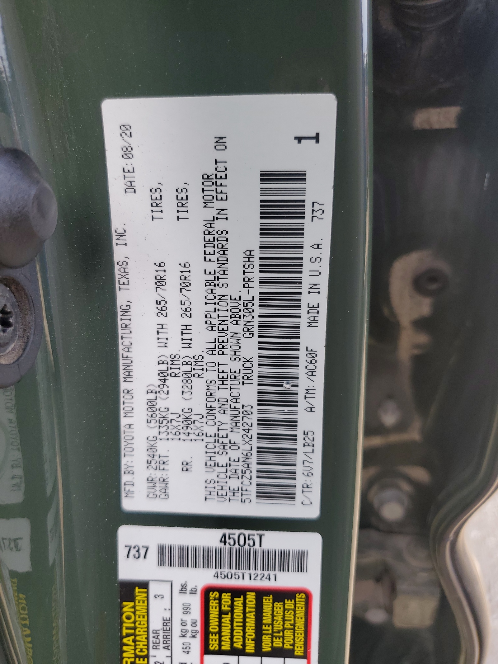 5TFCZ5AN6LX242703 2020 Toyota Tacoma Double Cab