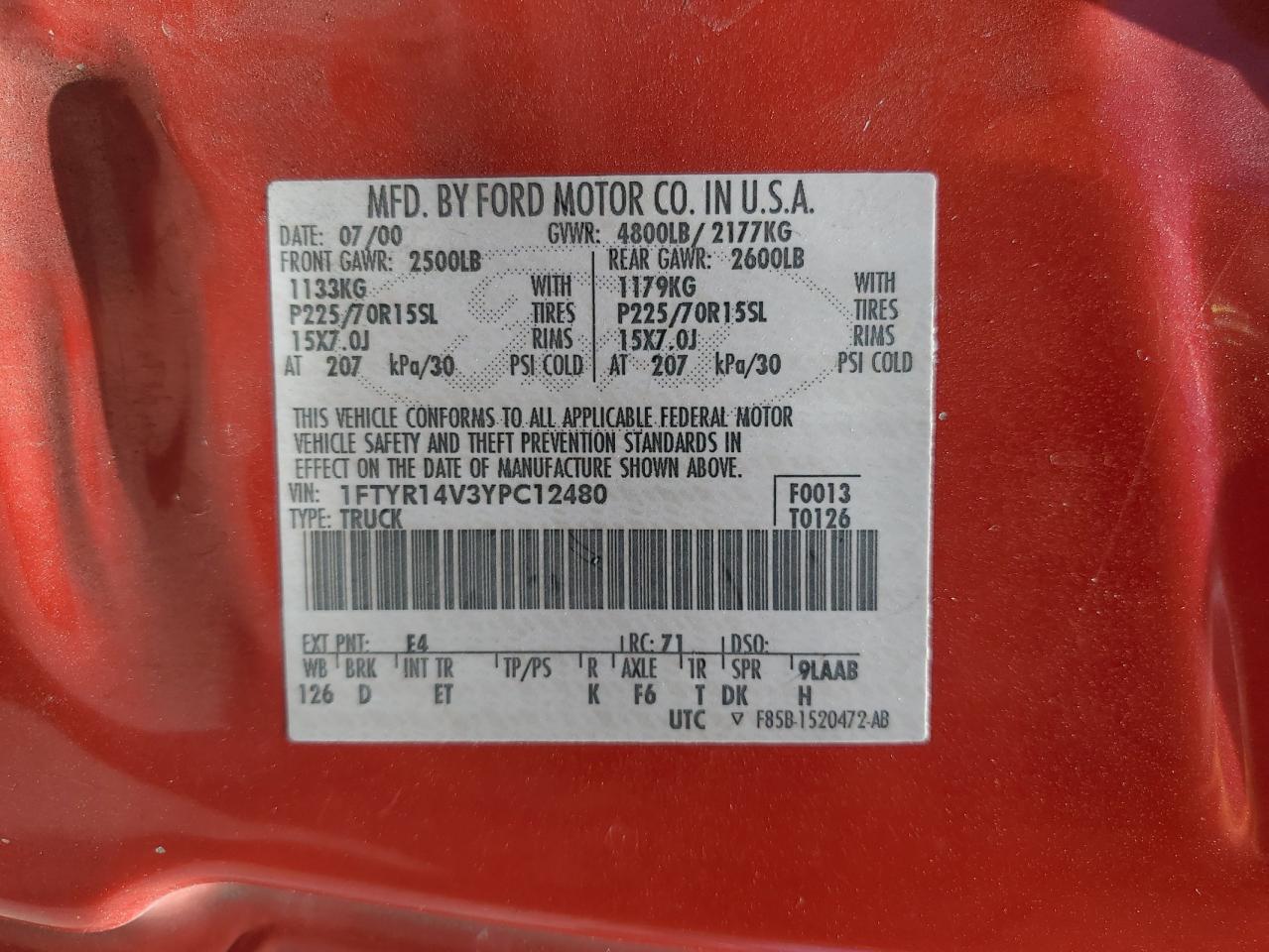2000 Ford Ranger Super Cab VIN: 1FTYR14V3YPC12480 Lot: 64277254