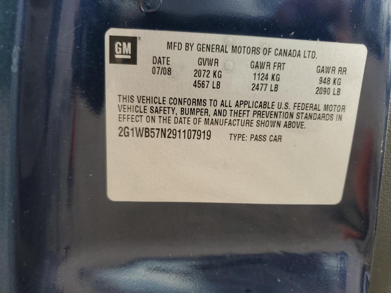 2009 Chevrolet Impala Ls VIN: 2G1WB57N291107919 Lot: 64404874