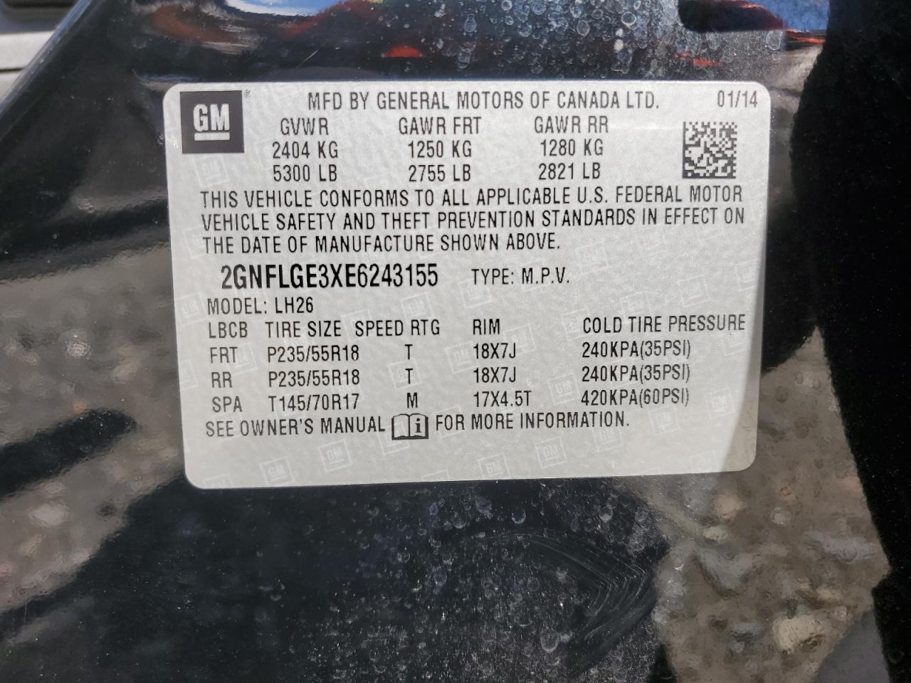 2014 Chevrolet Equinox Lt VIN: 2GNFLGE3XE6243155 Lot: 60822944