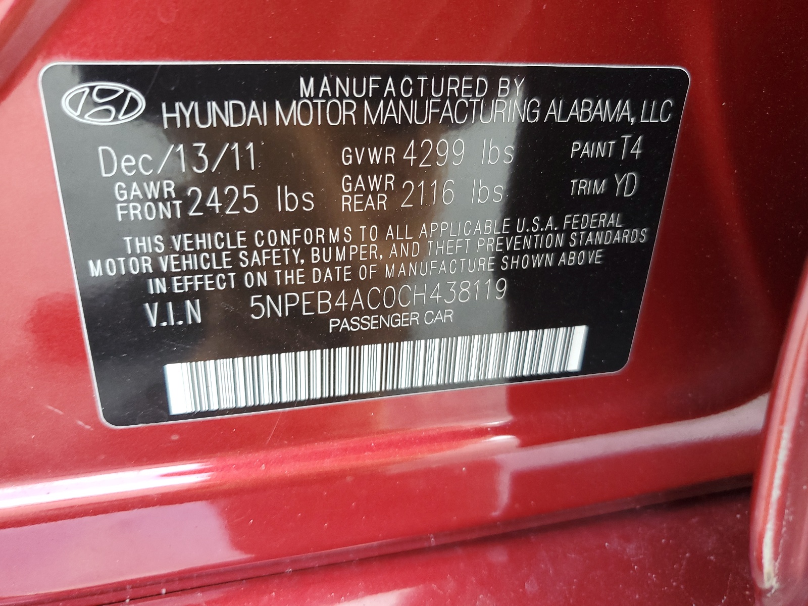 5NPEB4AC0CH438119 2012 Hyundai Sonata Gls