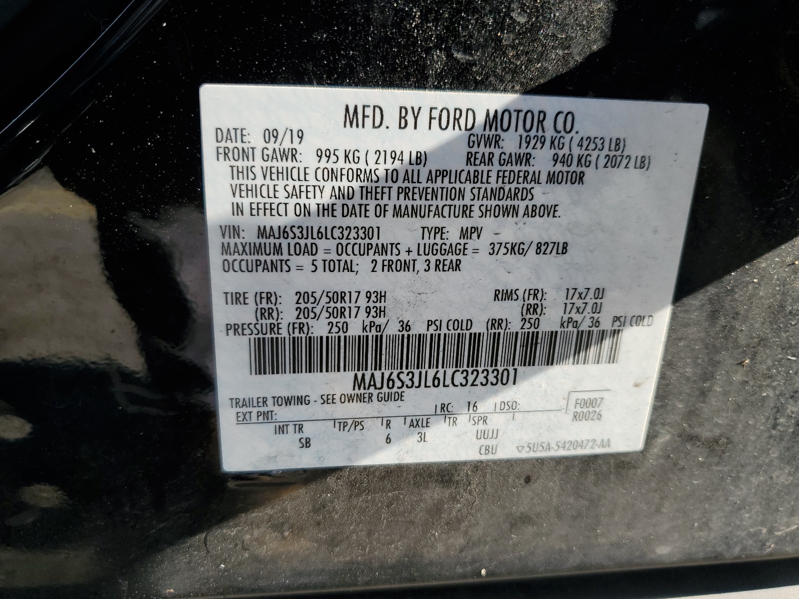 MAJ6S3JL6LC323301 2020 Ford Ecosport Ses