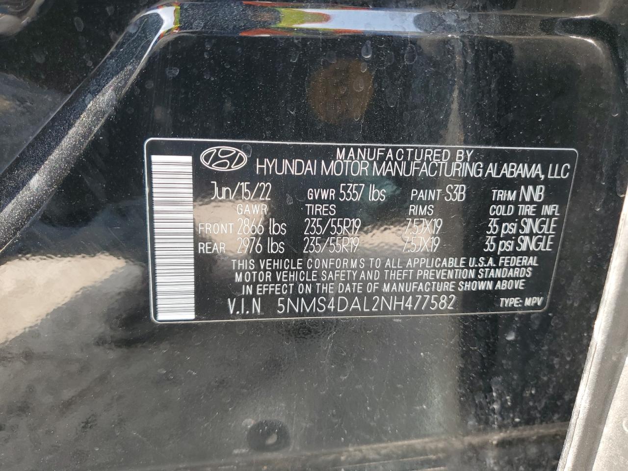 5NMS4DAL2NH477582 2022 Hyundai Santa Fe Limited