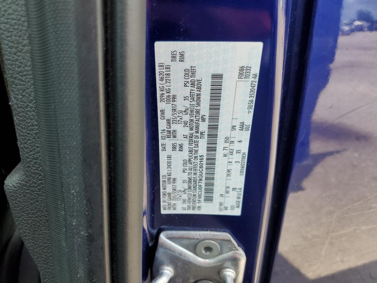 2016 Ford Escape S VIN: 1FMCU0F78GUC60165 Lot: 63890744